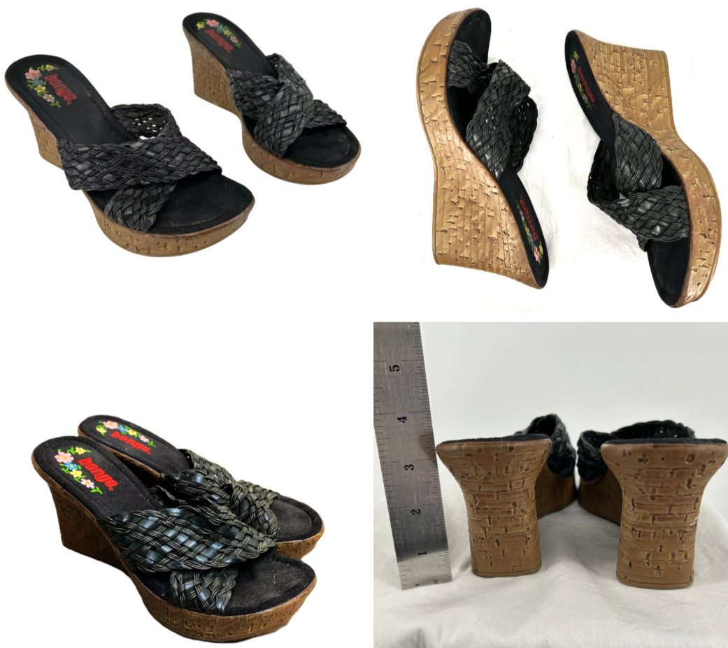 Y2k Bongo Wedge Sandals 7 Braided Black Chunky faux Wood Platform Boho 90’s Vtg