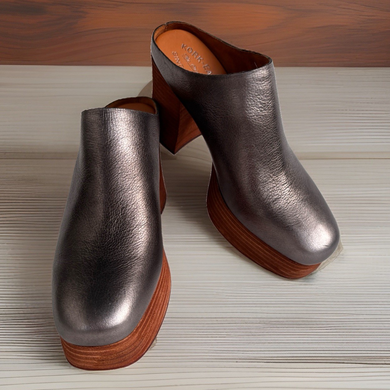 Sz 9 Kork-Ease Veronica Mule High Heeled Clogs Platform Sandals Gray Brown NWOT