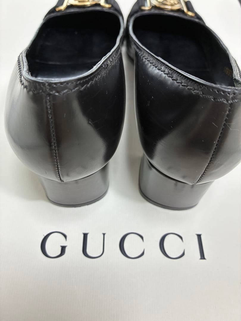 GUCCI Black Leather Pumps Size 23cm 9in Gold Emblem High Heels