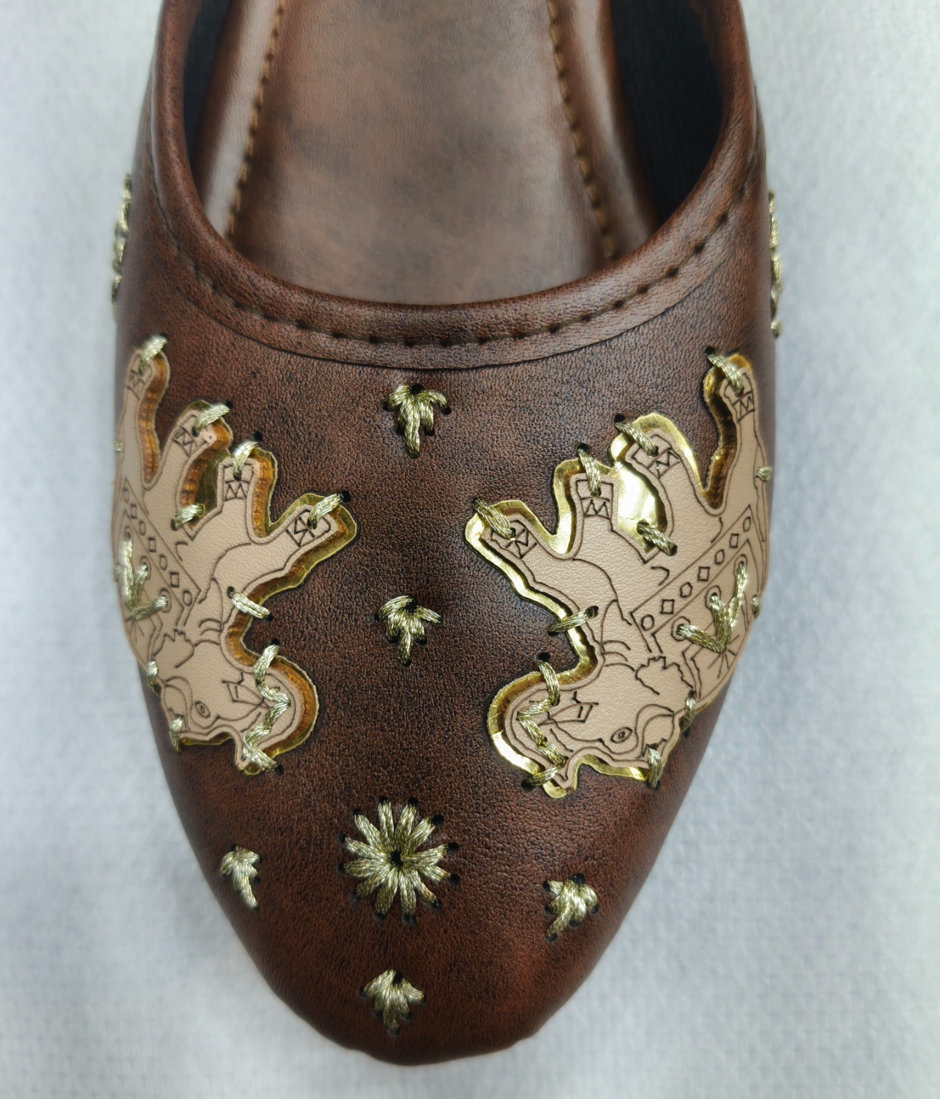 Women Brown Leather Mules, Handmade Ethnic Slip-On Shoes, Elephant Design