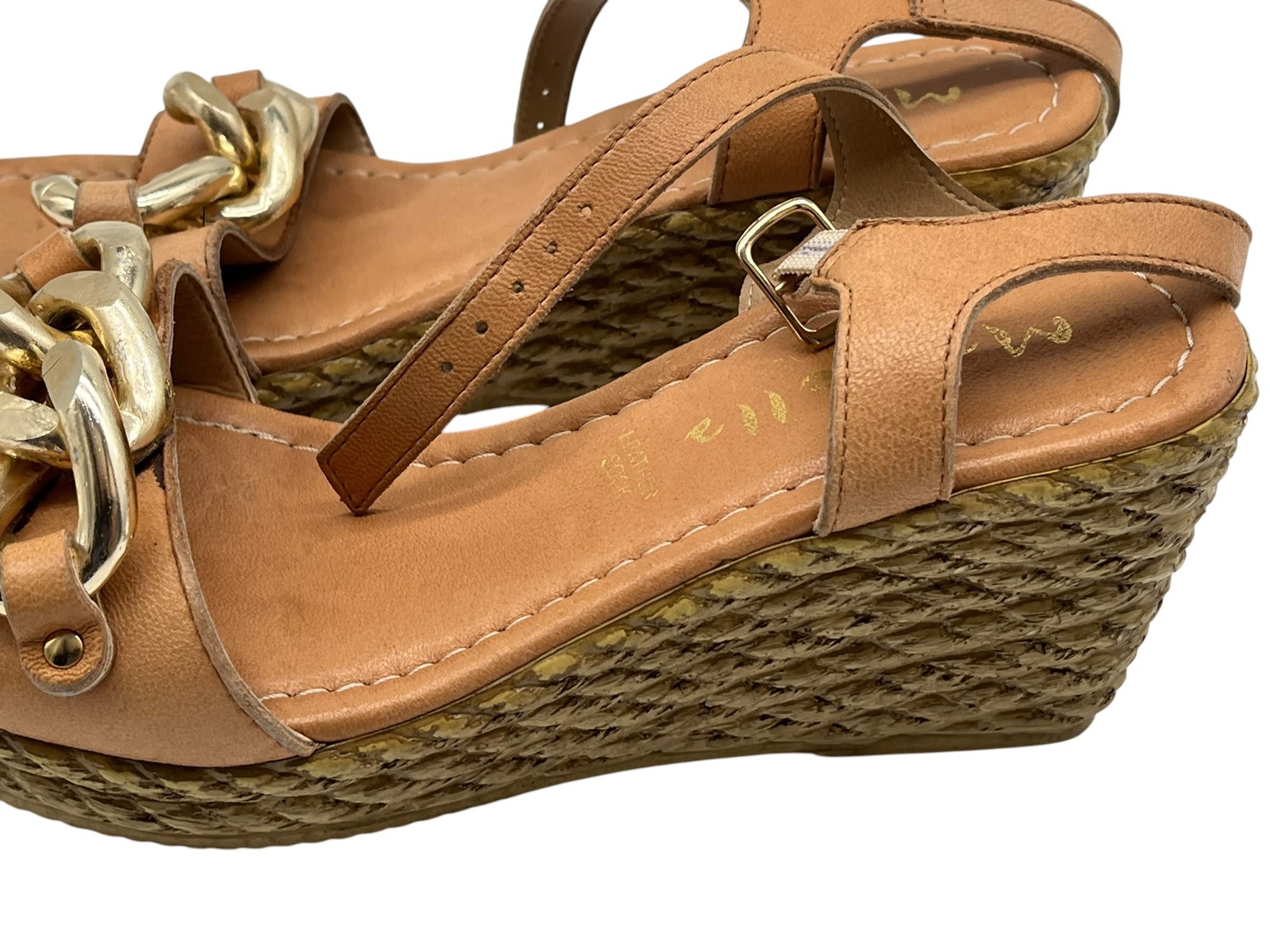 MarIella Women’s Tan Leather Chain Espadrille Wedge Sandals Size 38 Italy