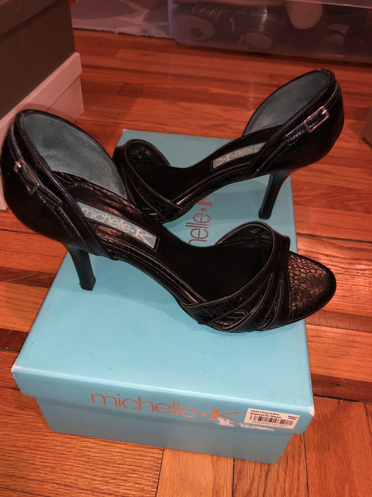 Michelle K Black Snakeskin Open Toe Strappy Pump Sandal Size 6.5