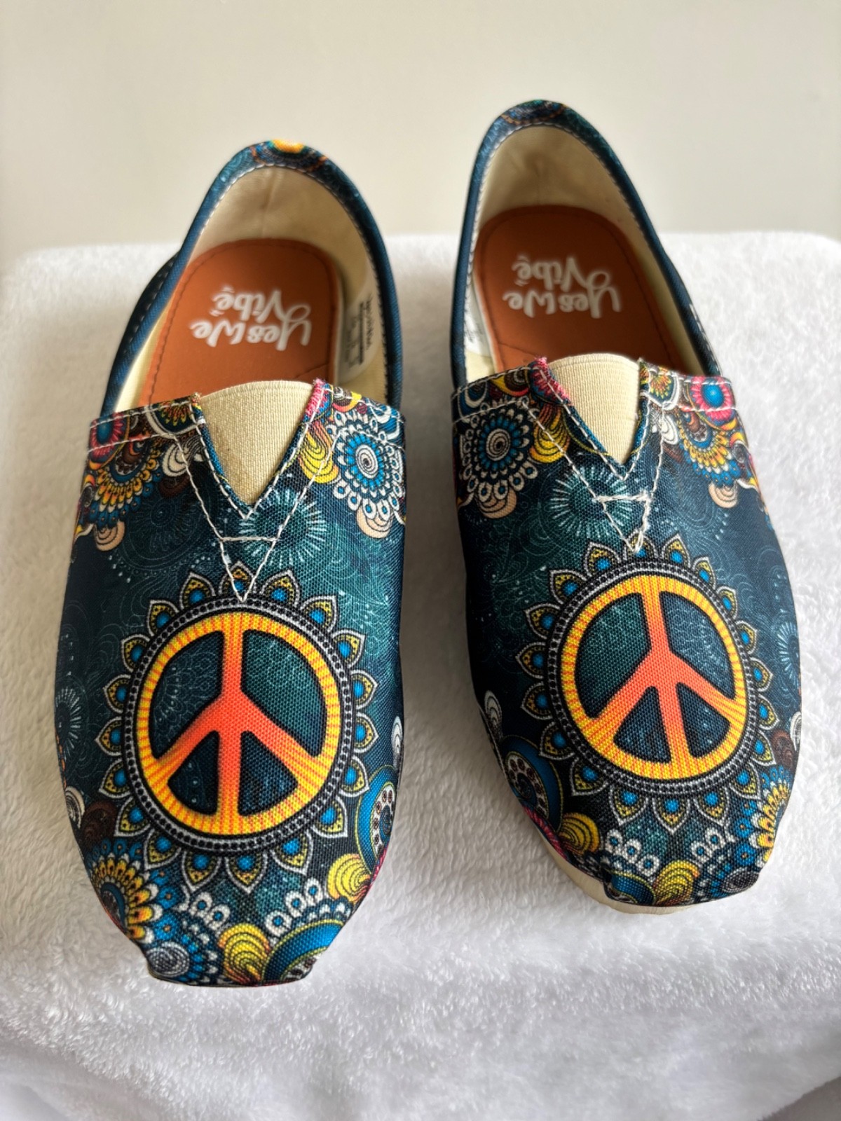 Yes We Vibe Peace Sign Boho Hippie Canvas Flats Slip On Shoes Women’s 7W