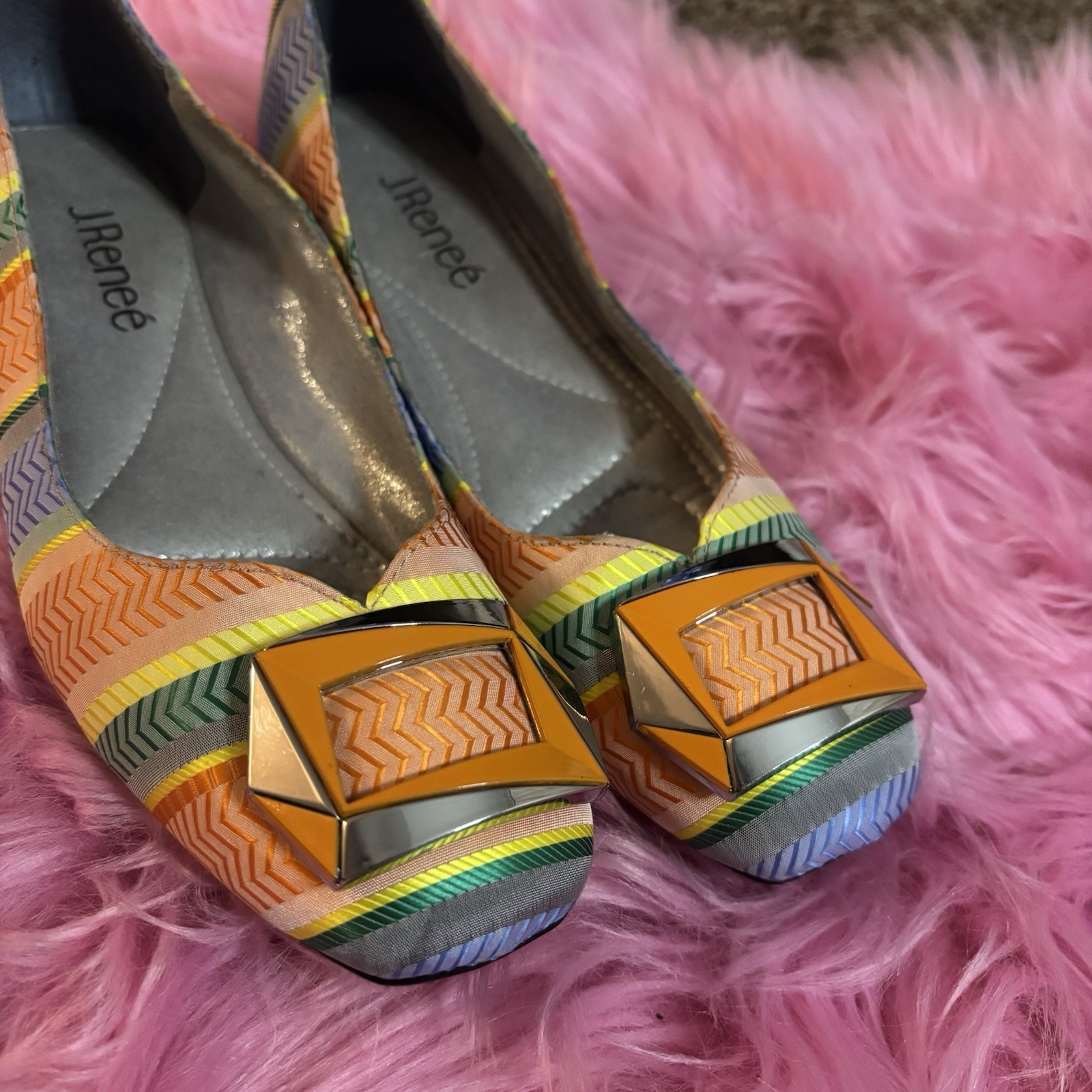 J. Renee Colorful Striped Buckle Ballet Flats Square Toe Gem Accent Size 7