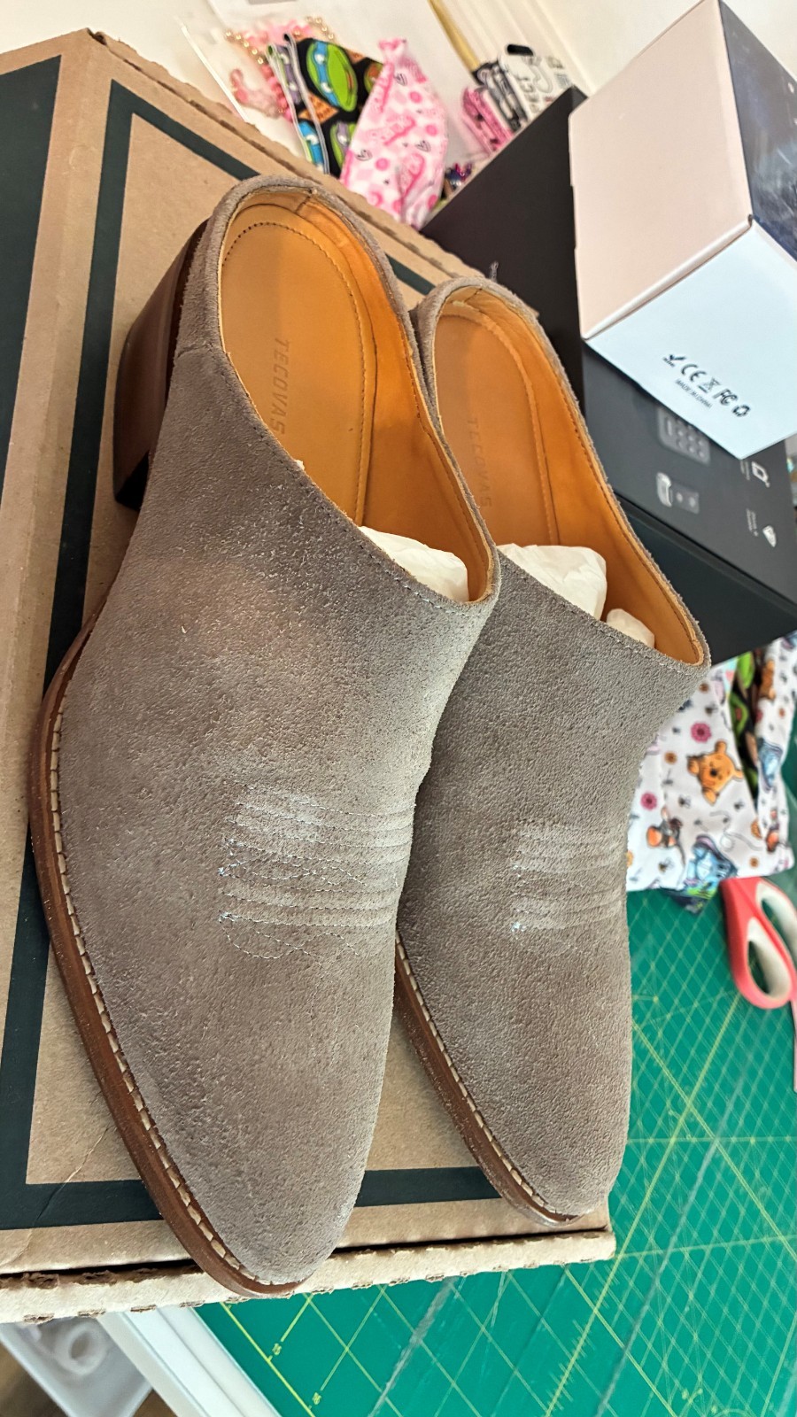 Tecovas Sophie Gray Suede Mules, Size 10B
