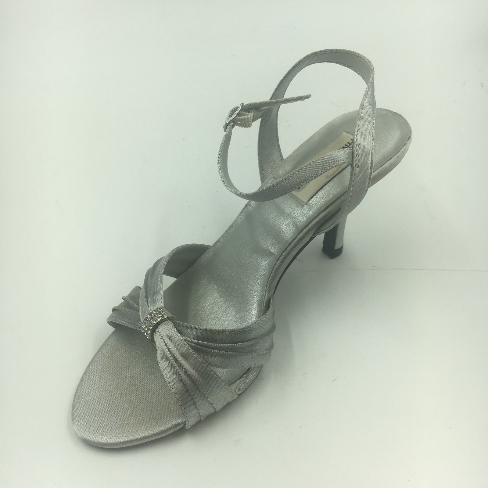 New Dyeables Womens Natalie Sandal Heel Silver Satin Private Collection