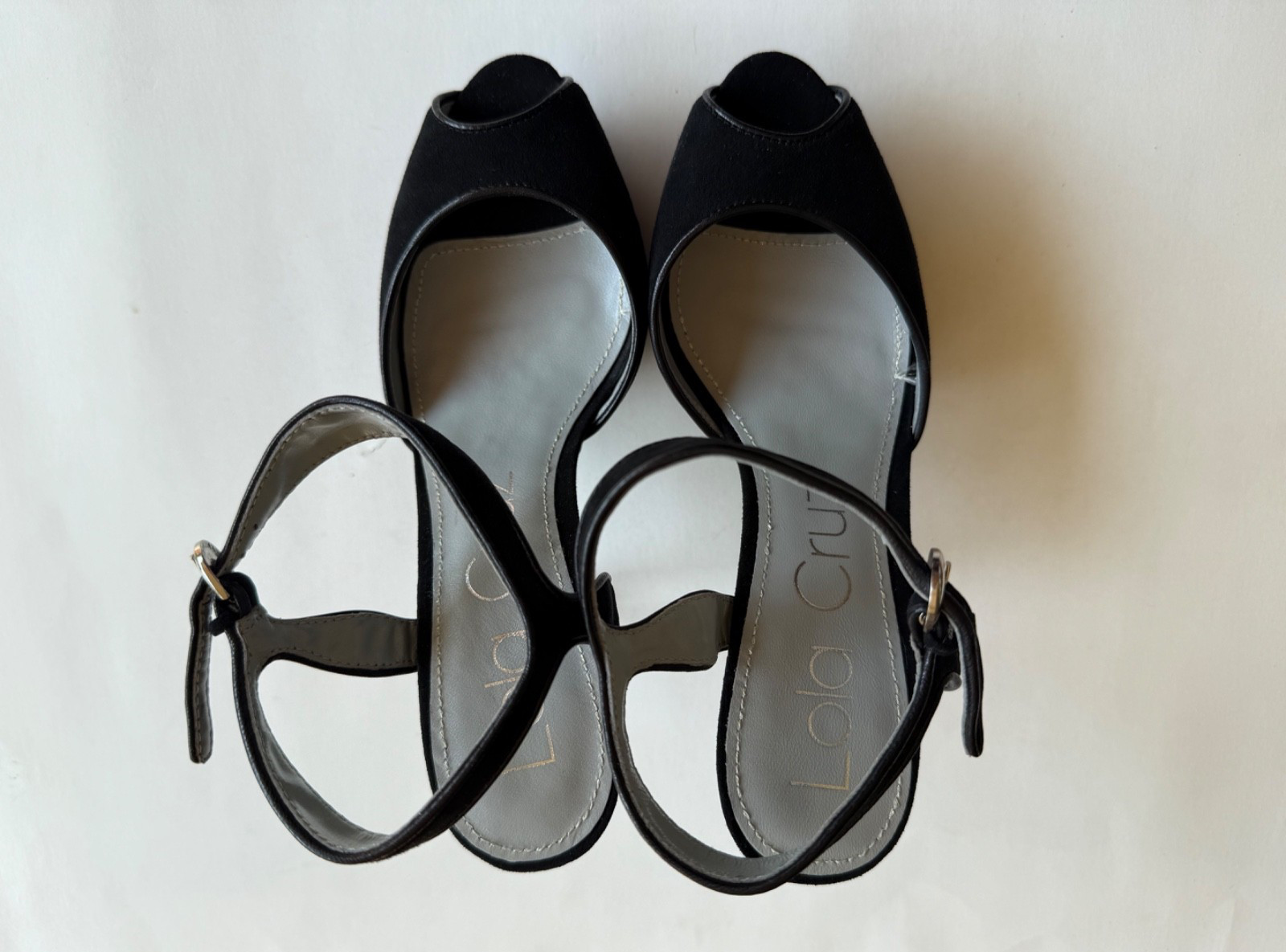 Lola Cruz España Platform High Heels Ankle Strap Black Suede Peep Toe Sz EUR 37