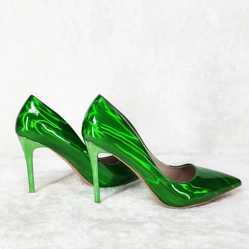 Jewels Bright Green Metallic Hologram 4″ Heel Stiletto Shoes Pointy Toe Pumps