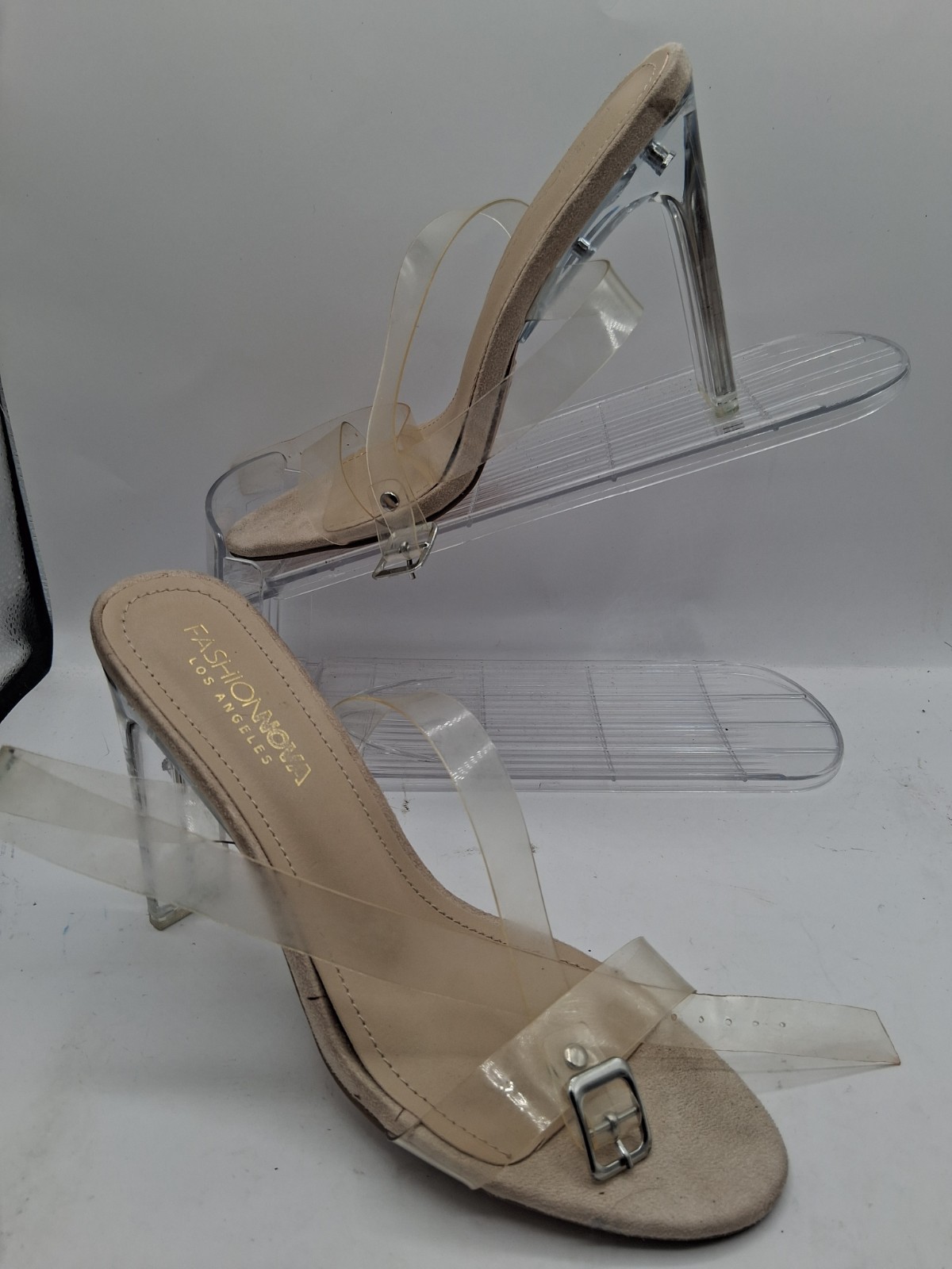 Womens Sz 7.5 Fasionnova L. A. Nude Clear High Heel Clear Buckle Straps Padded