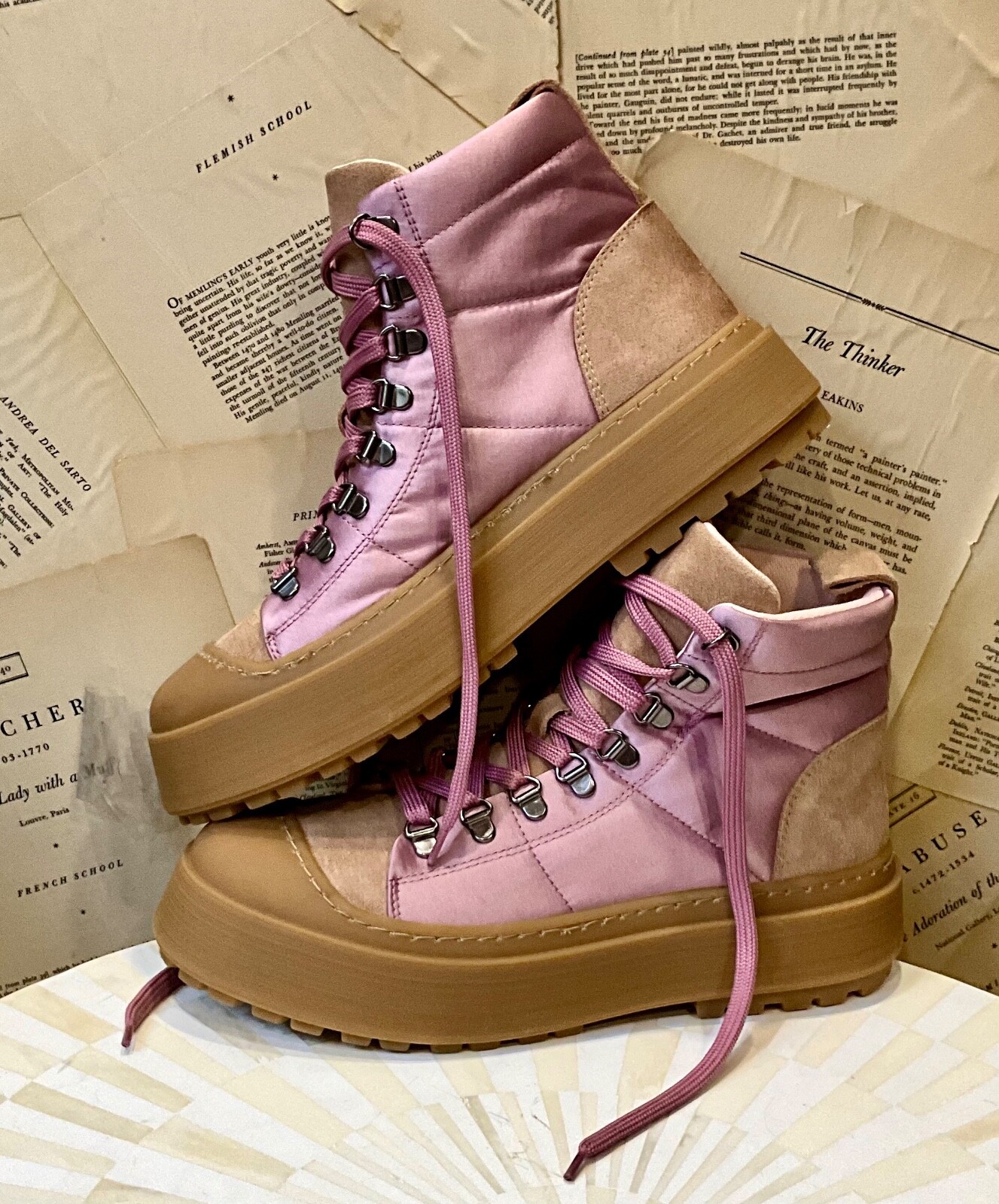 Anthropologie Maeve Hiker Boot Pink Satin Tan Suede Rubber Lace Up 40/ 9-9.5 NEW