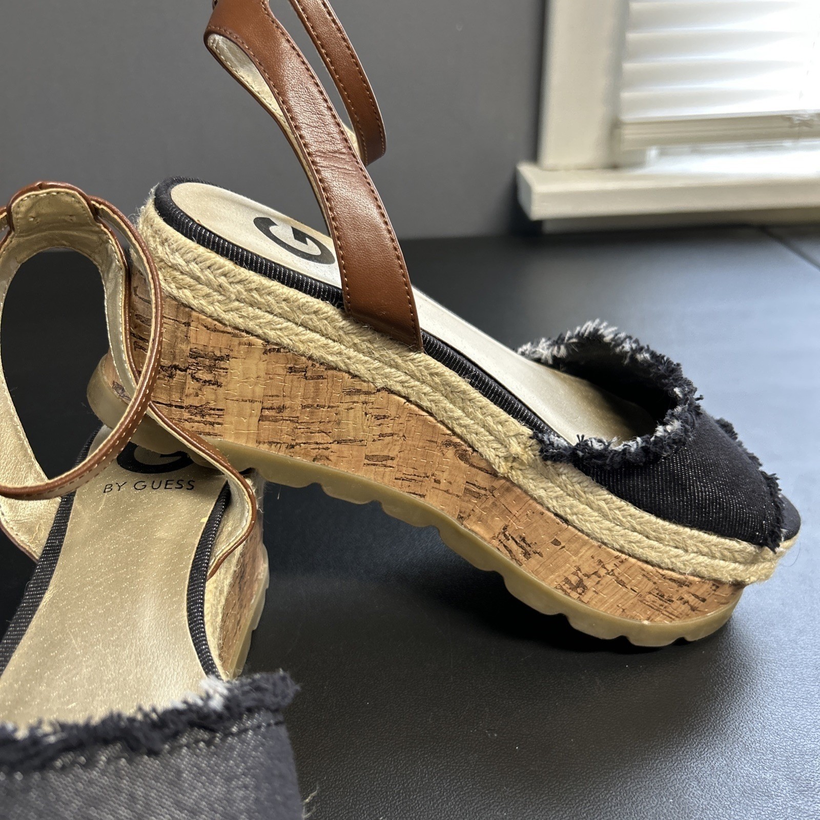 GGBAKER Women’s 7 Guess Denim Platform Espadrille Cork Sandals Ankle Strap Boho