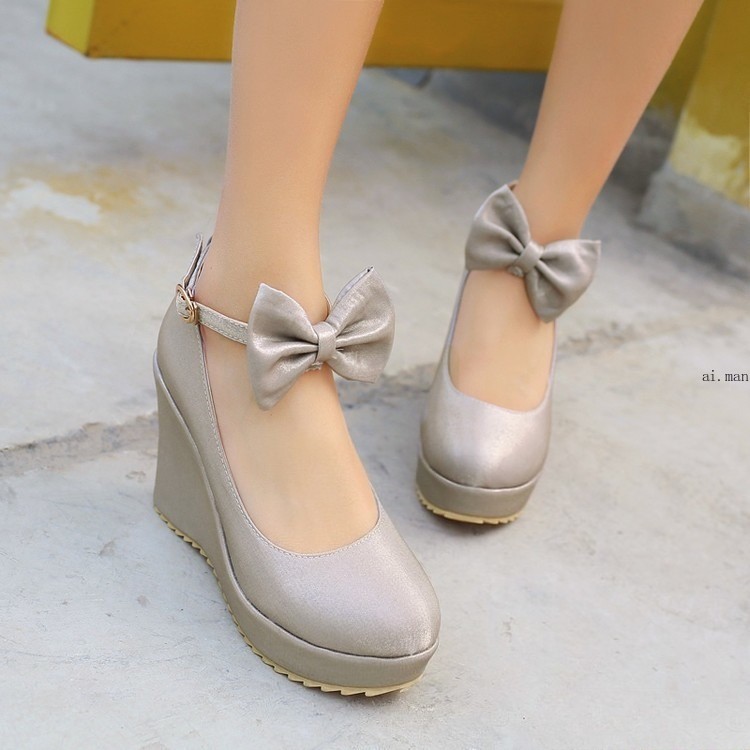 Women’s Round Toe Wedge Heeled Platform Wedding Shoes Bow Tied Shoes Pumps
