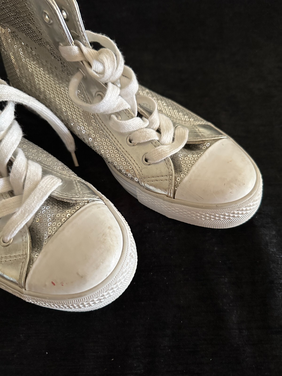 Gotta Flurt Disco Silver Sequin High Top Sneakers Size 10 Chucks White Laces