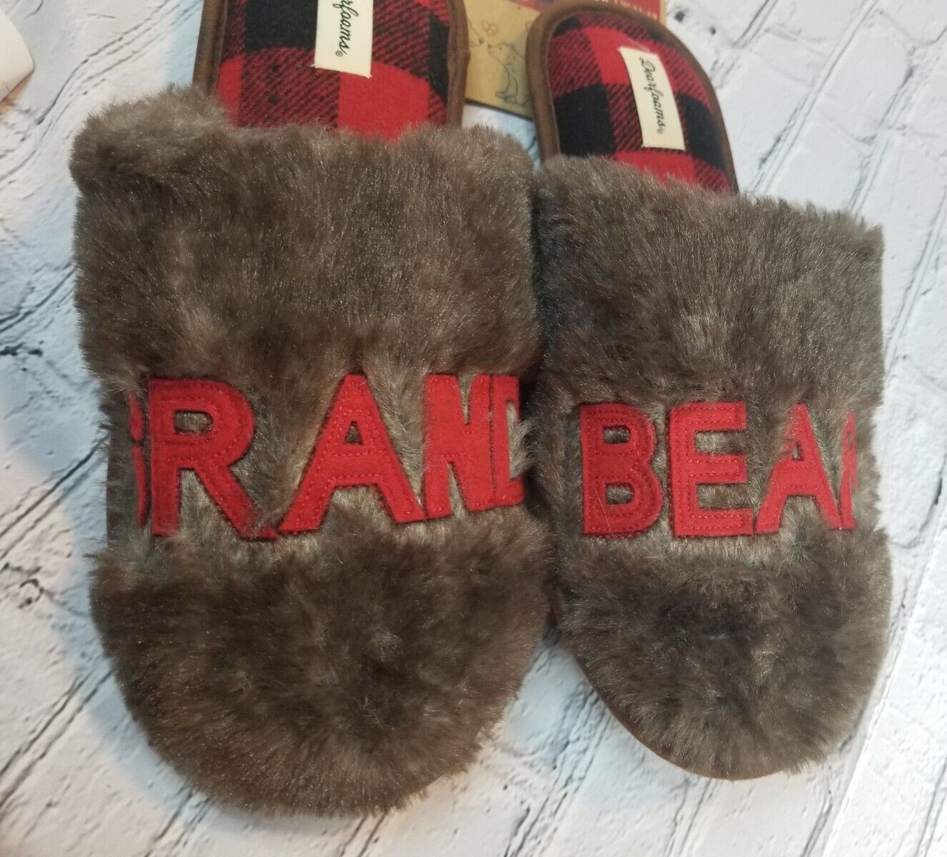 Dearfoams Grand Bear Slippers Unisex Faux Fur Red Blk Buffalo Check W11-12 M9-10