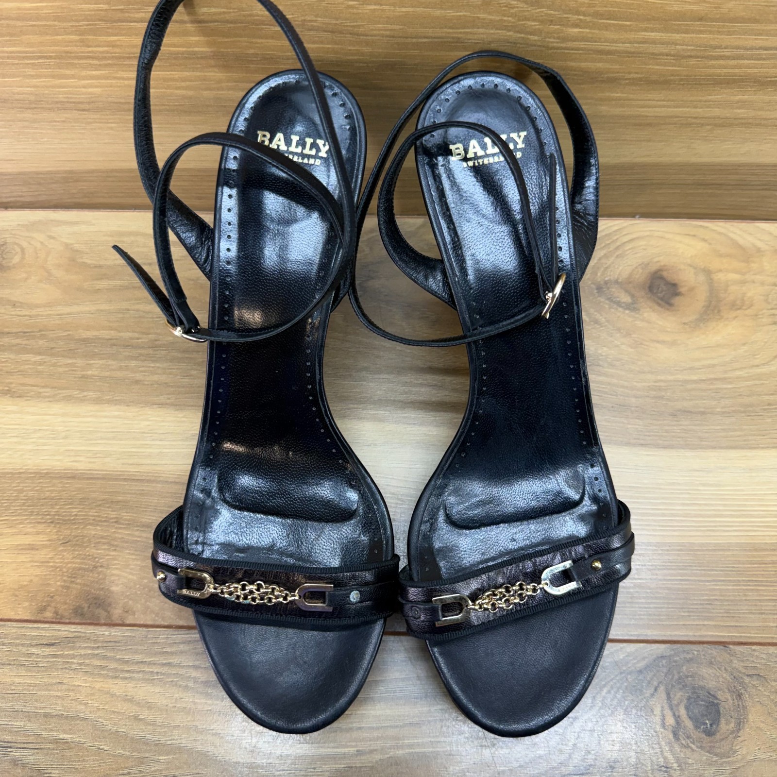 Bally Mapple Wedge Heel 9.5 EU 39.5 Black Leather Ankle Strap Platform Chunky