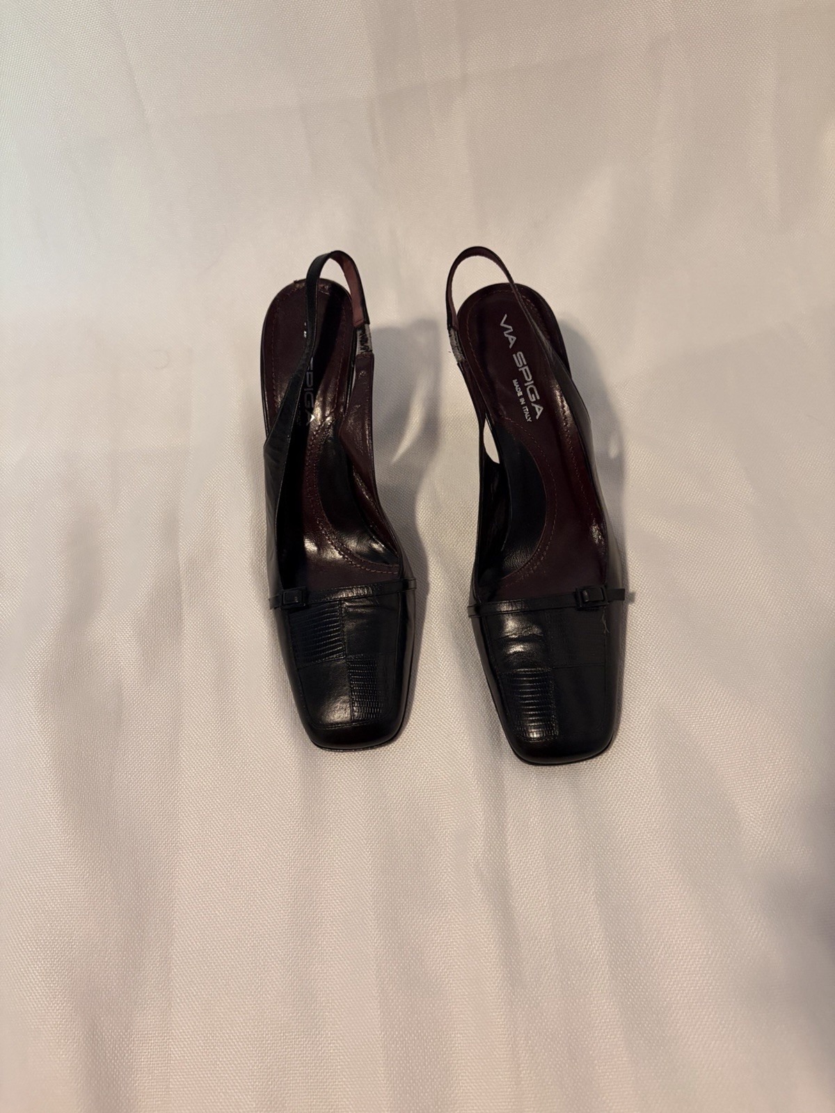 Via Spiga Women’s Black Slingback Heels Buckle Square Toe Stiletto