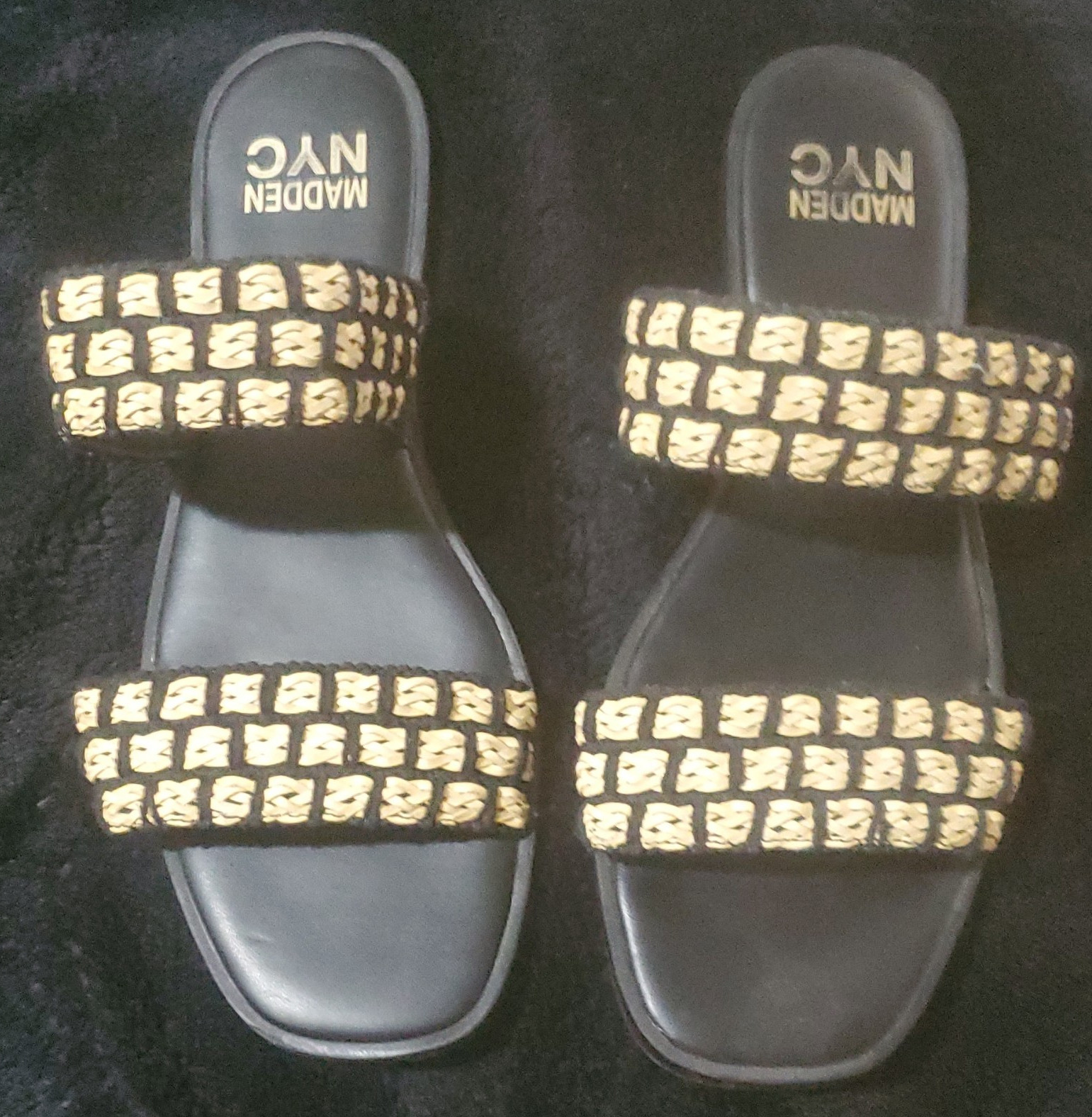 Madden NYC Women’s Black/Gold Studded Woven Slide Sandals Slip On 7.5