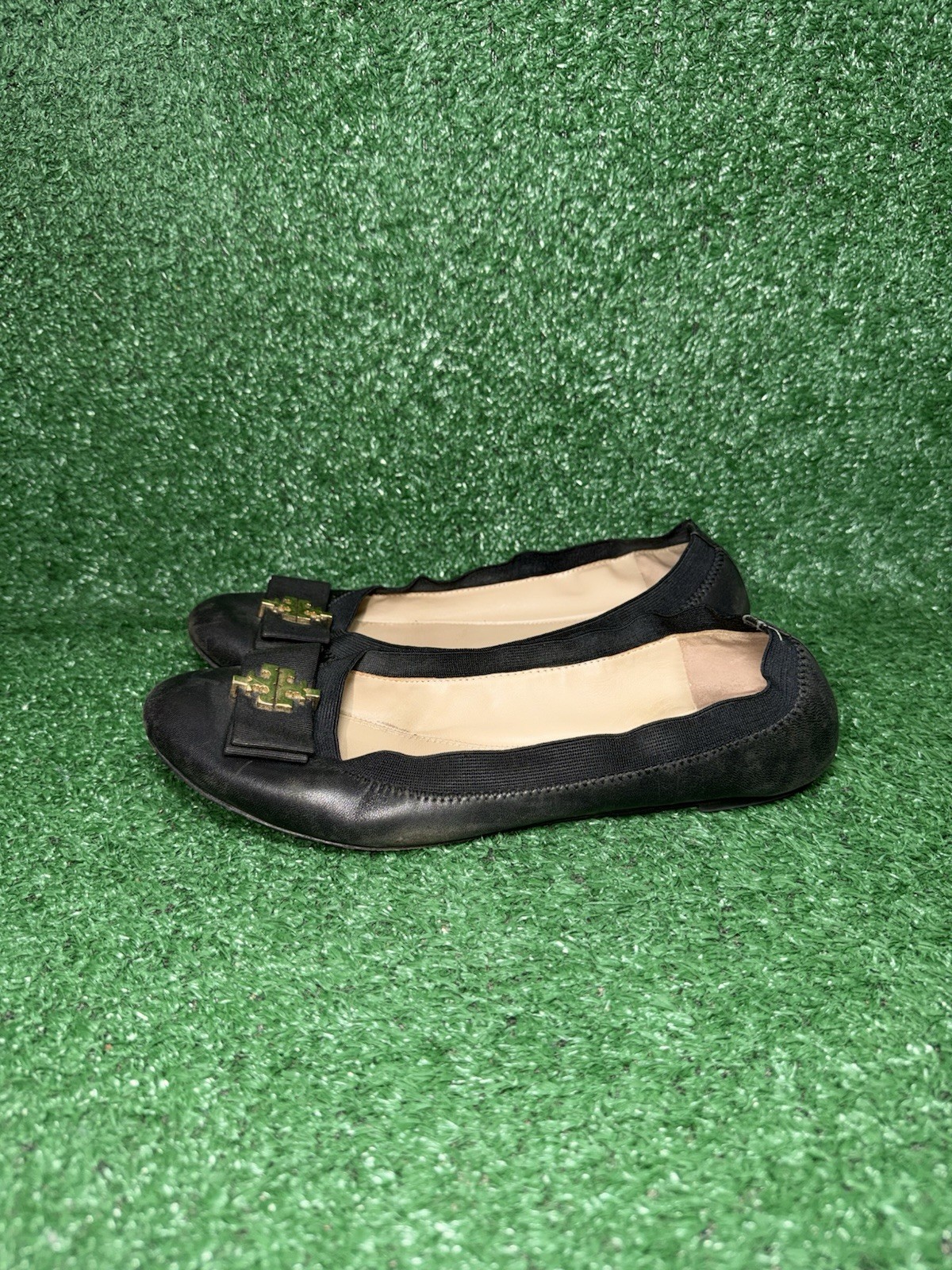 Tory Burch Shoes Women Size 9.5 Black Leather Gold Grosgrain Bow Sedgwick Ballet
