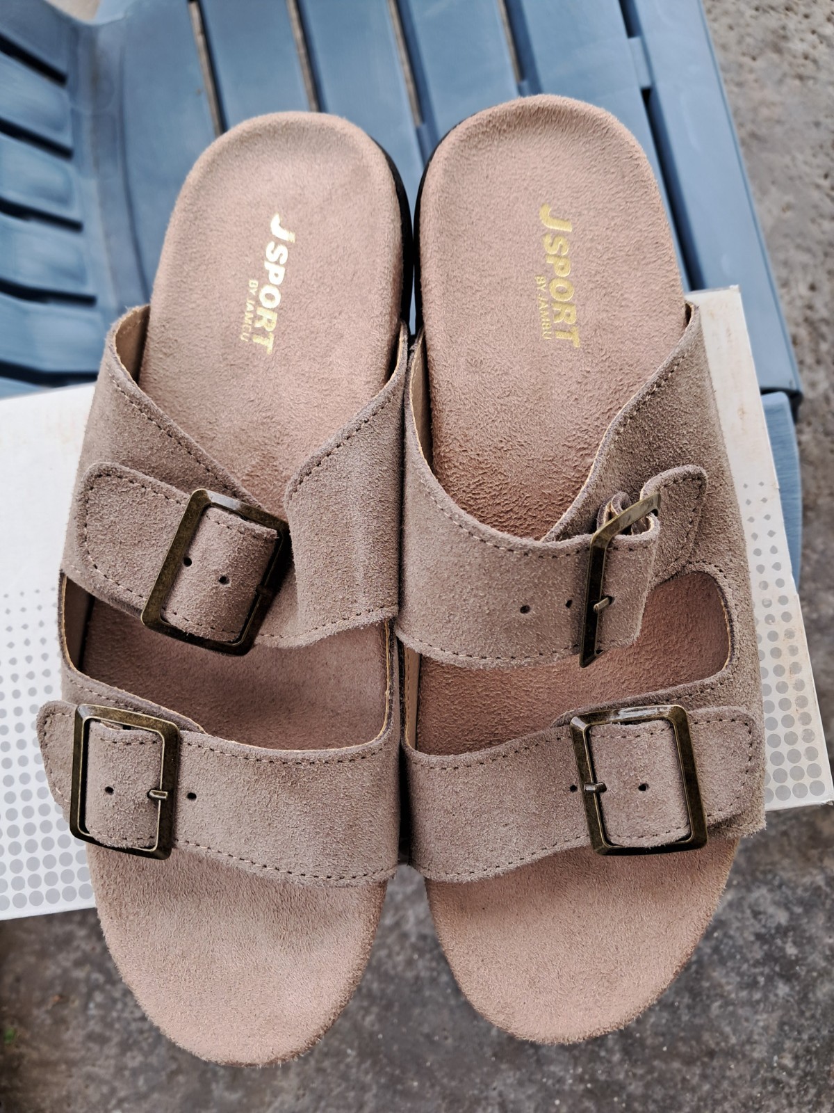 NEW JSport by Jambu Taupe Double Buckle Comfort Slide Sandals Women’s 7.5