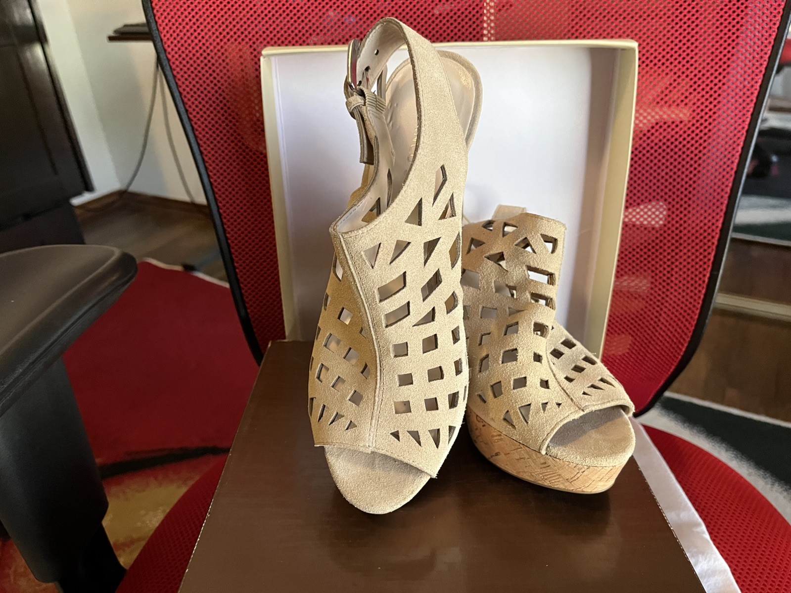 Franco Sarto Wedge Sandals, Sassy Style Wild Rice Suede, Sz 8.5