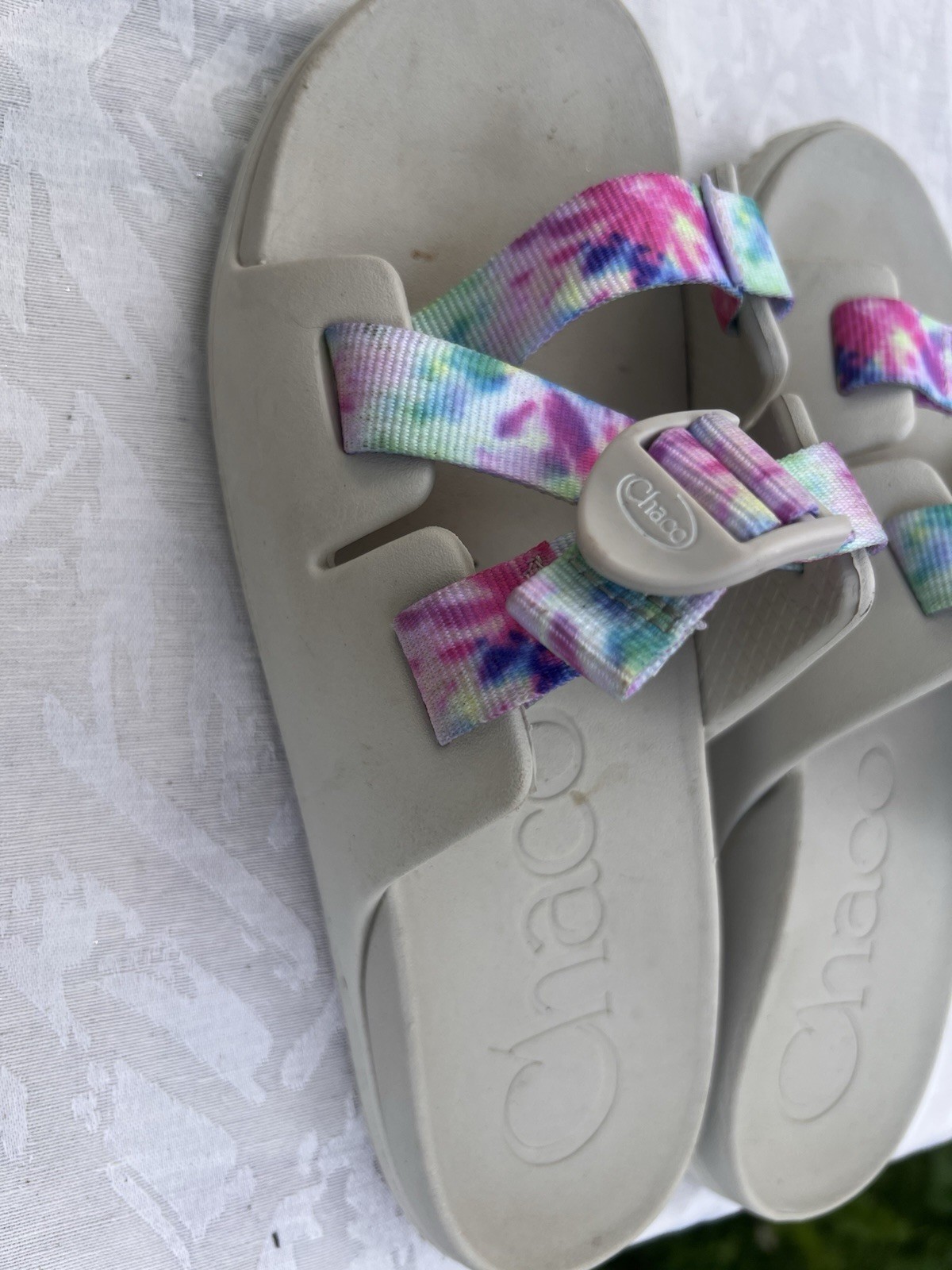 Chaco Women’s Gray/Multicolor Tie-Dye Slide Sandals Buckle Adjustable 6.5
