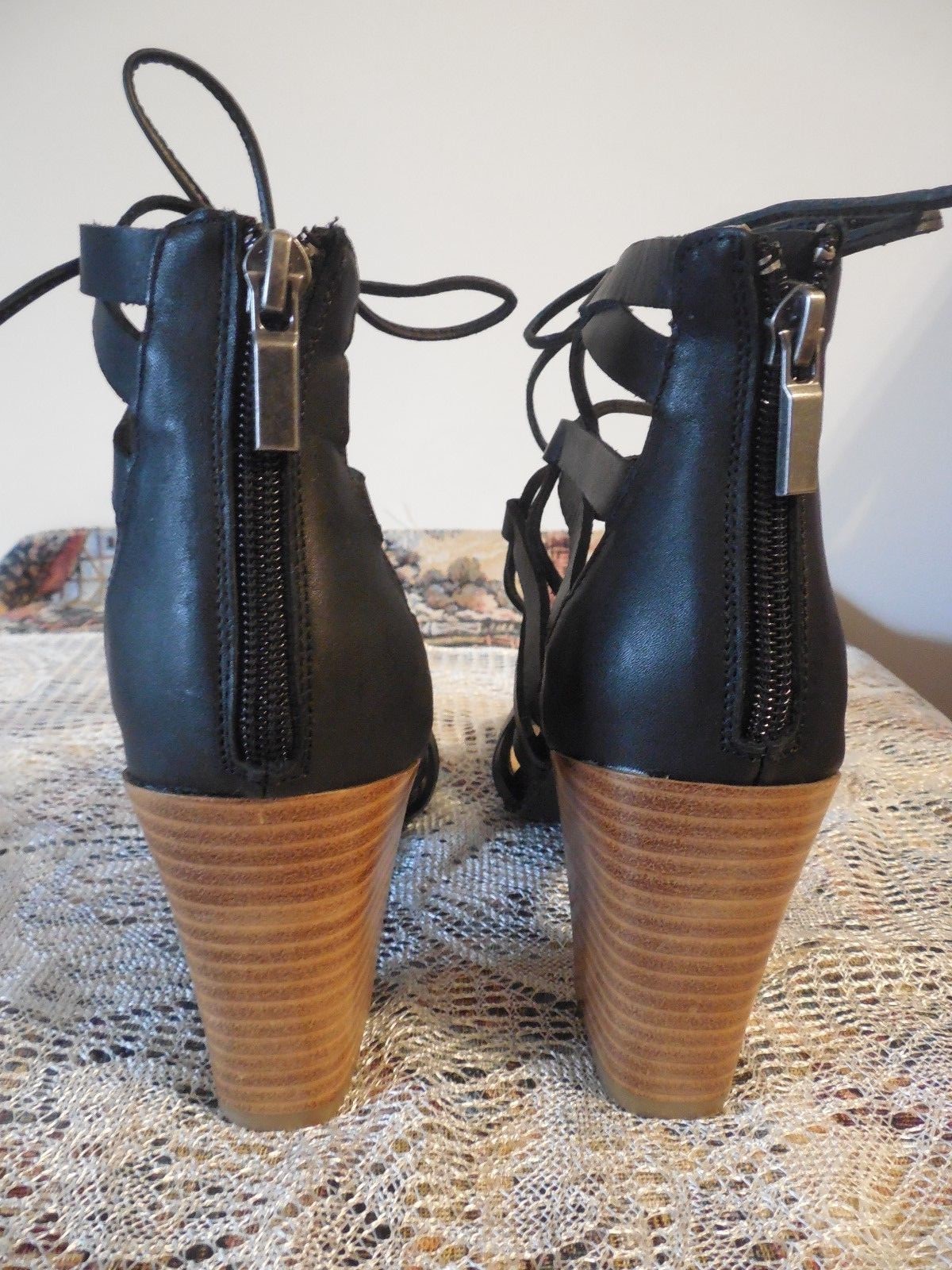 ADAM TUCKER (me too) NEW! Black Leather Ankle Strap size 6.5M heels 3″ lace up