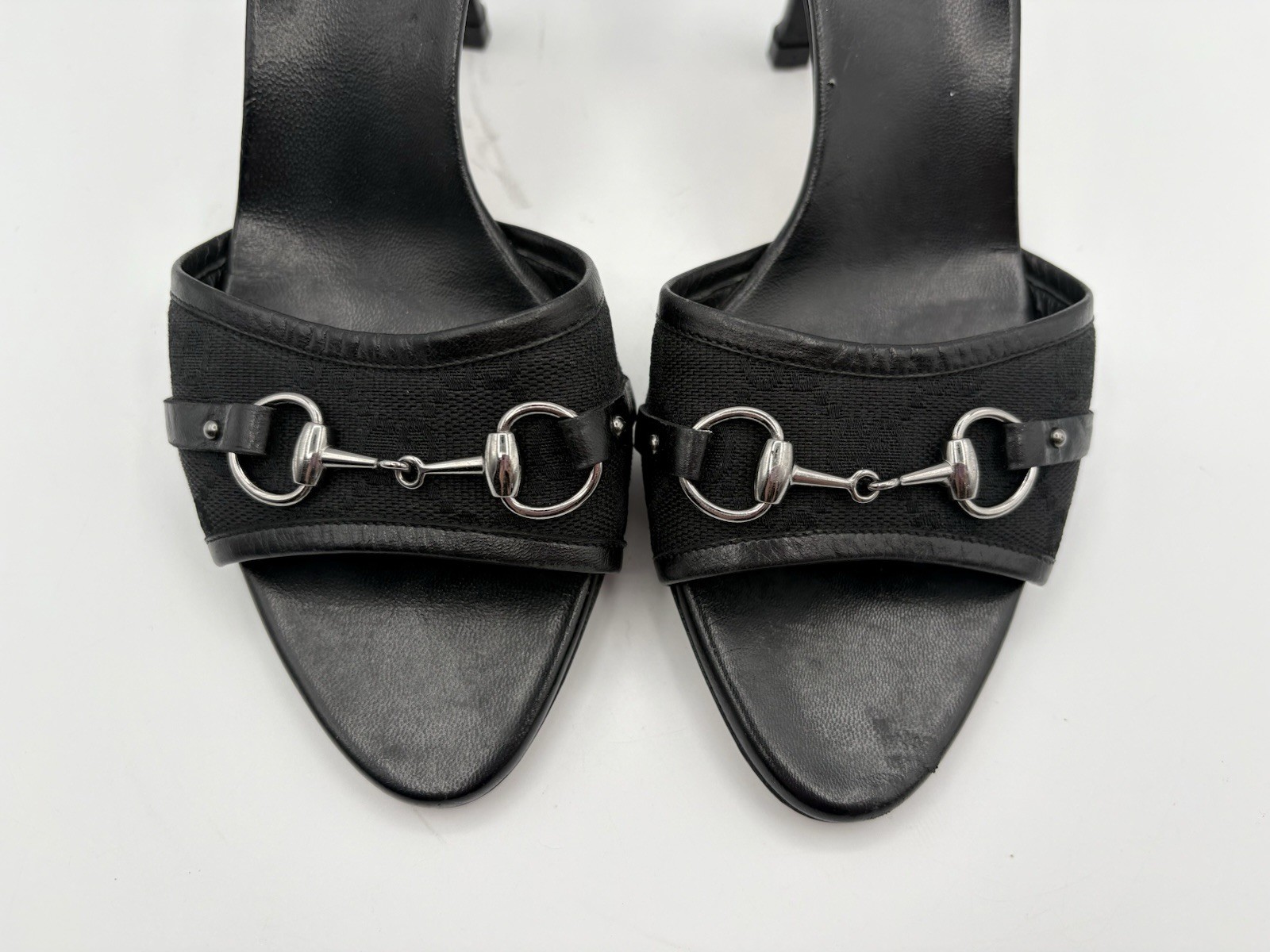 Gucci Black Leather Mules Canvas GG Logo Silver Horsebit Heels Y2K Size EU 35.5