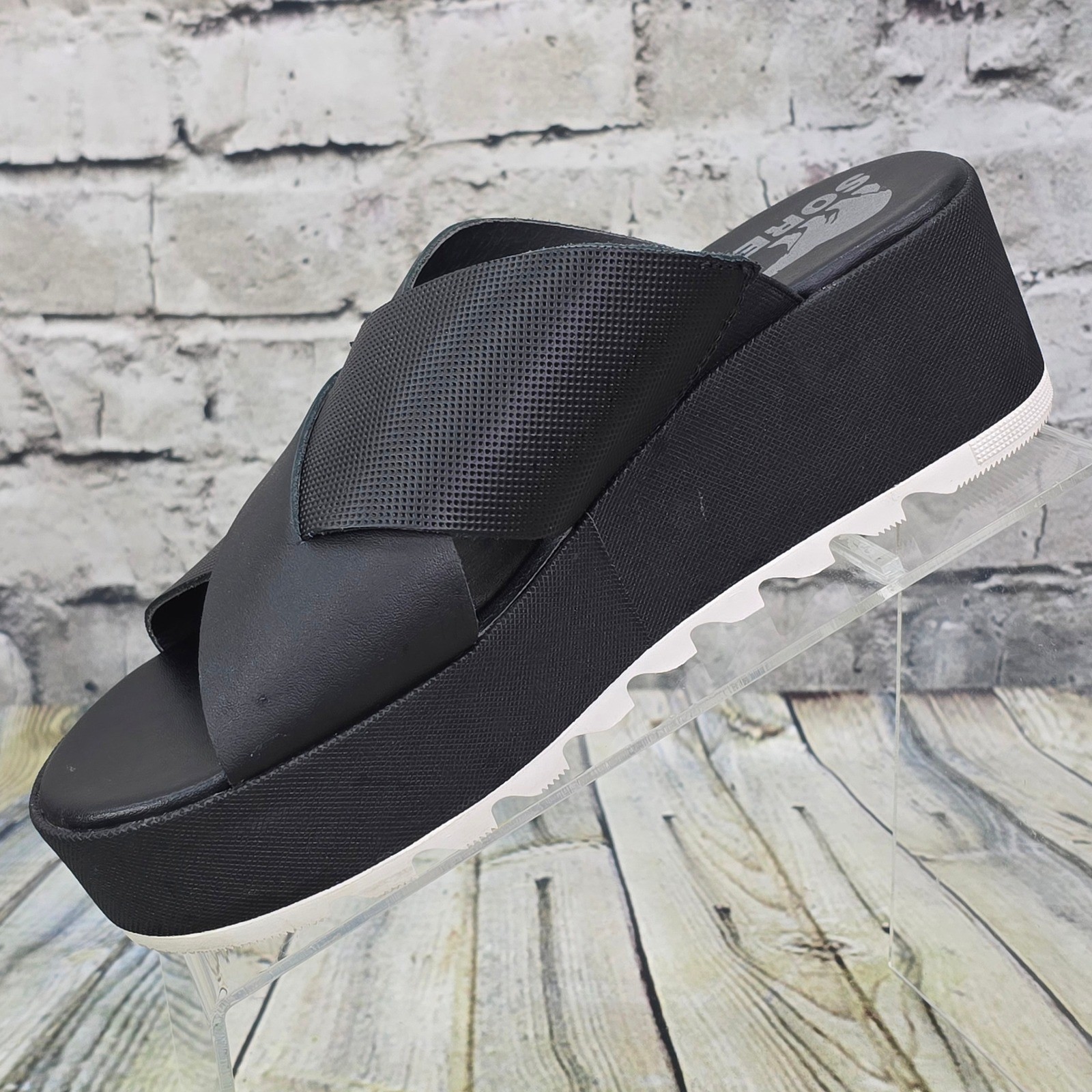 Sorel Cameron Flatform Mule Womens 7.5 Black Leather Wedge Sandal NL4632-010