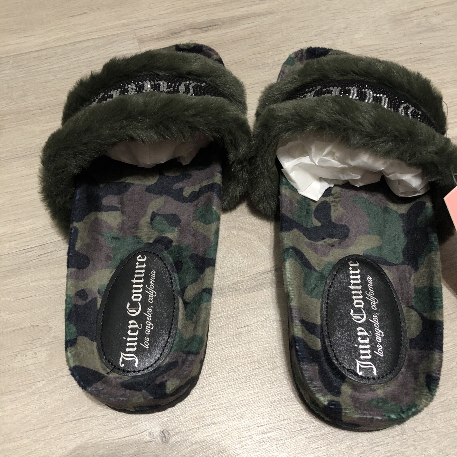 Juicy Couture Slide Slippers Faux Fur Crystals Green Camo Womens Size 10