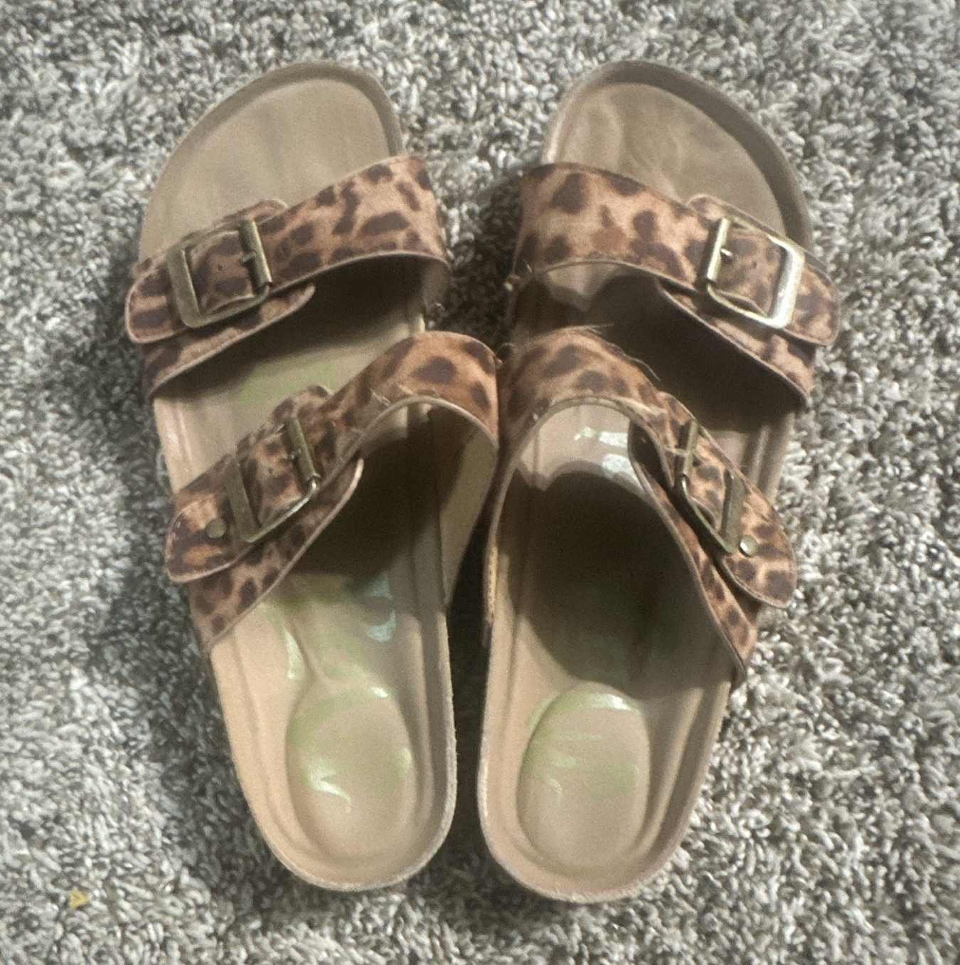 Women’s Leopard Print Leather Slide Sandals Double Buckle Adjustable Straps 8