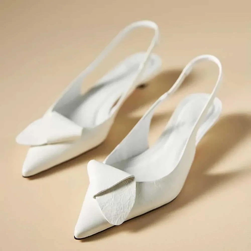 Elegant Pointy Toe Slingback Kitten Heel Pumps Shoes in White FSJ202407008B