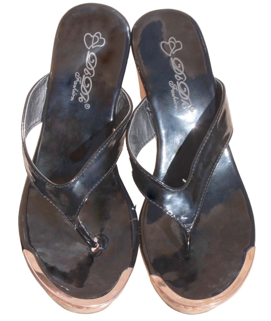 {DbDk} Black Wedges/Sandal/Shoes Open Toe Faux Patent Cork Gold Tip 3.25 in ~7.5