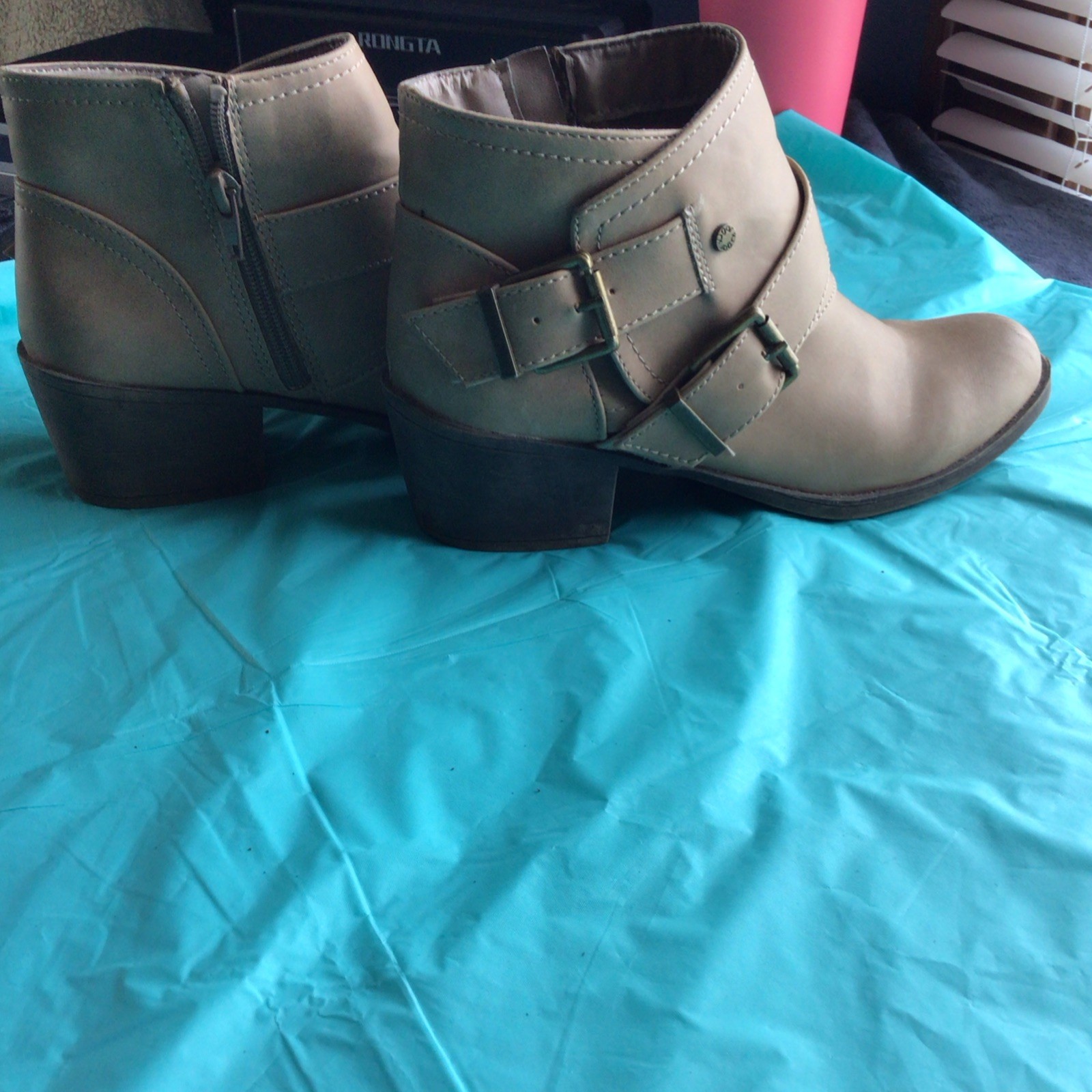 Boho western style Beige Ankle Booties Buckle Zipper Man Made Leather