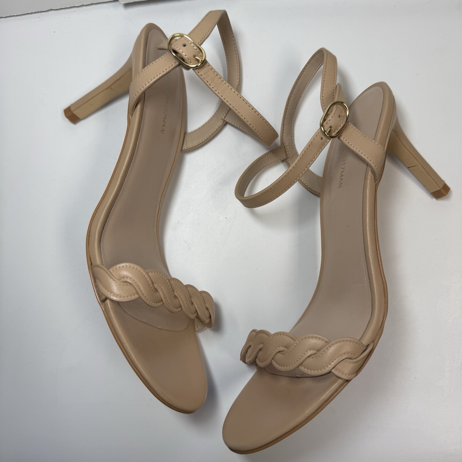 Stuart Weitzman Dancer Twistie Leather Sandal Heels In Golden Beige Sz 9.5 New