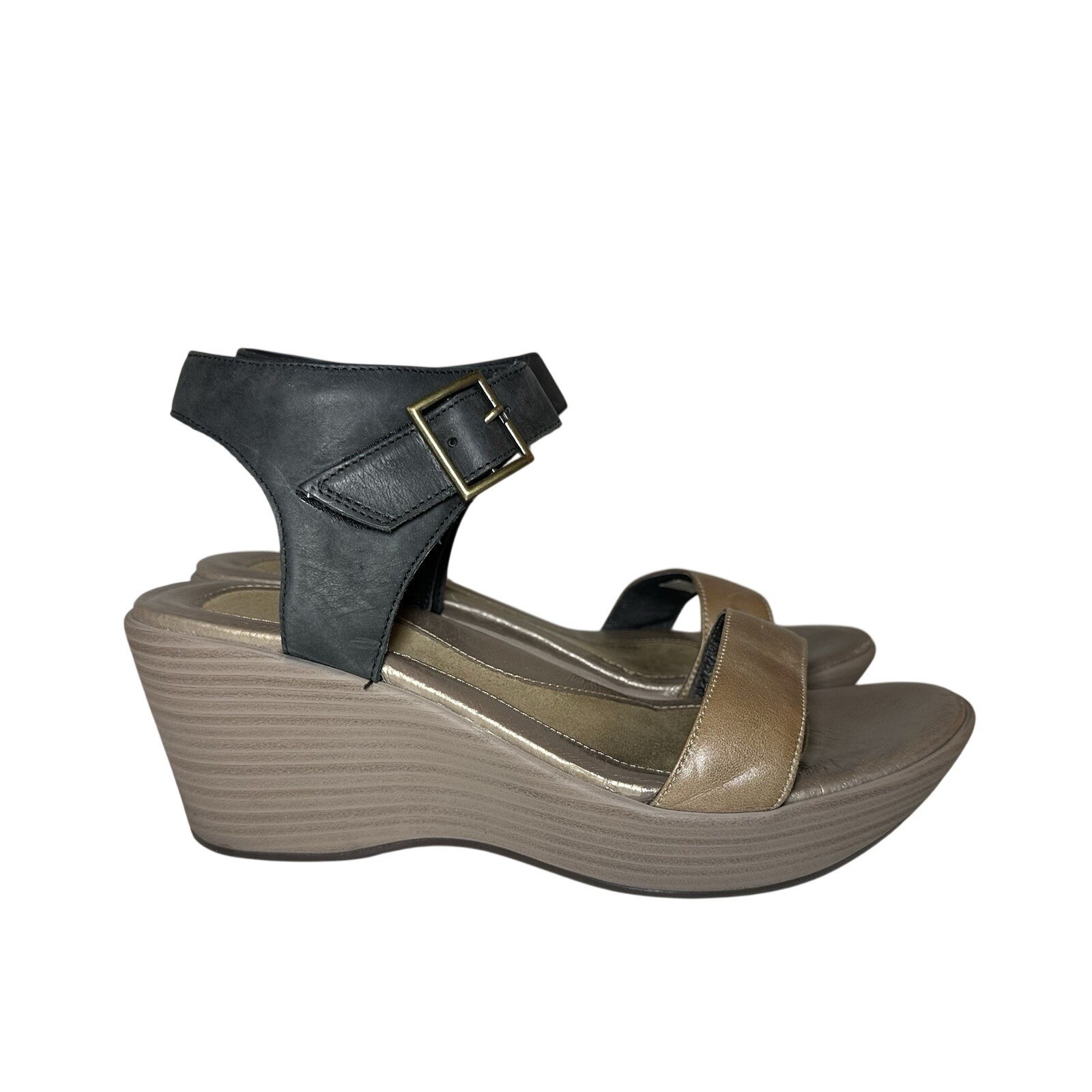 NAOT Women’s US 10-10.5 EU 41 Caprice Wedge Black Tan Leather Chunky Sandals