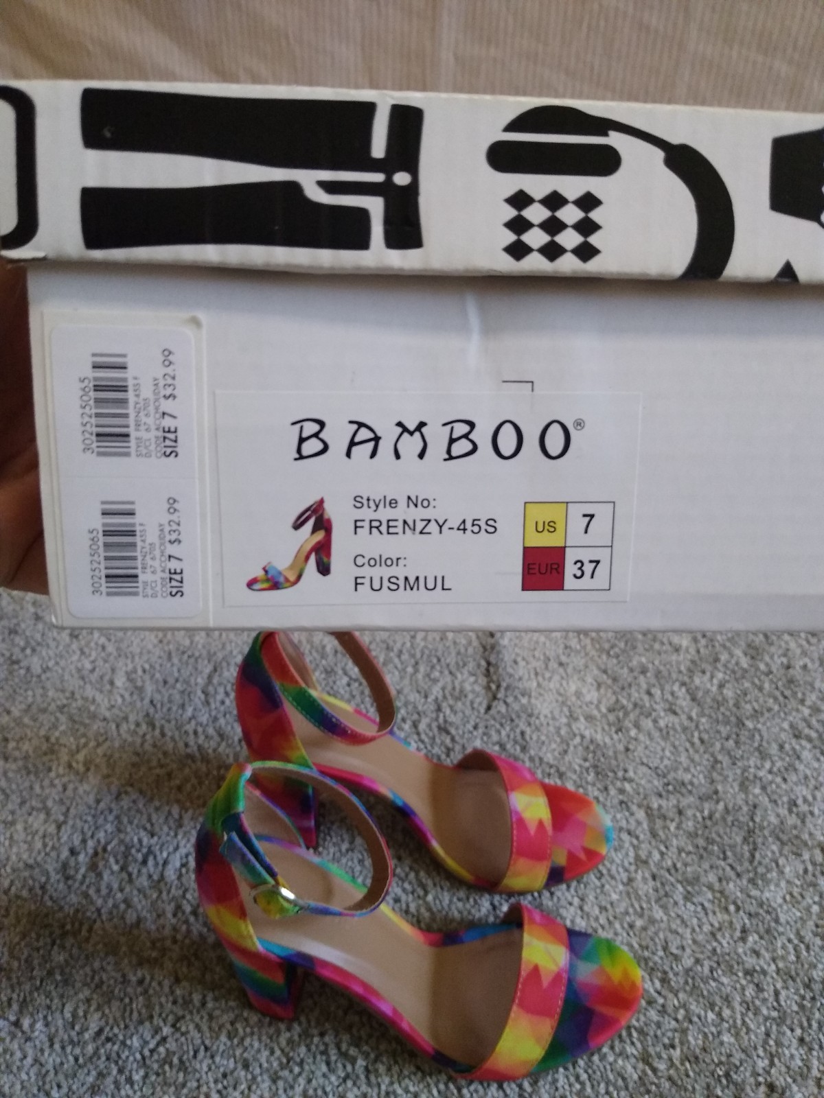 Y2K High Heels Rainbow Chunky Heels Sandals Textured Fabric Vintage Heels NIB 7
