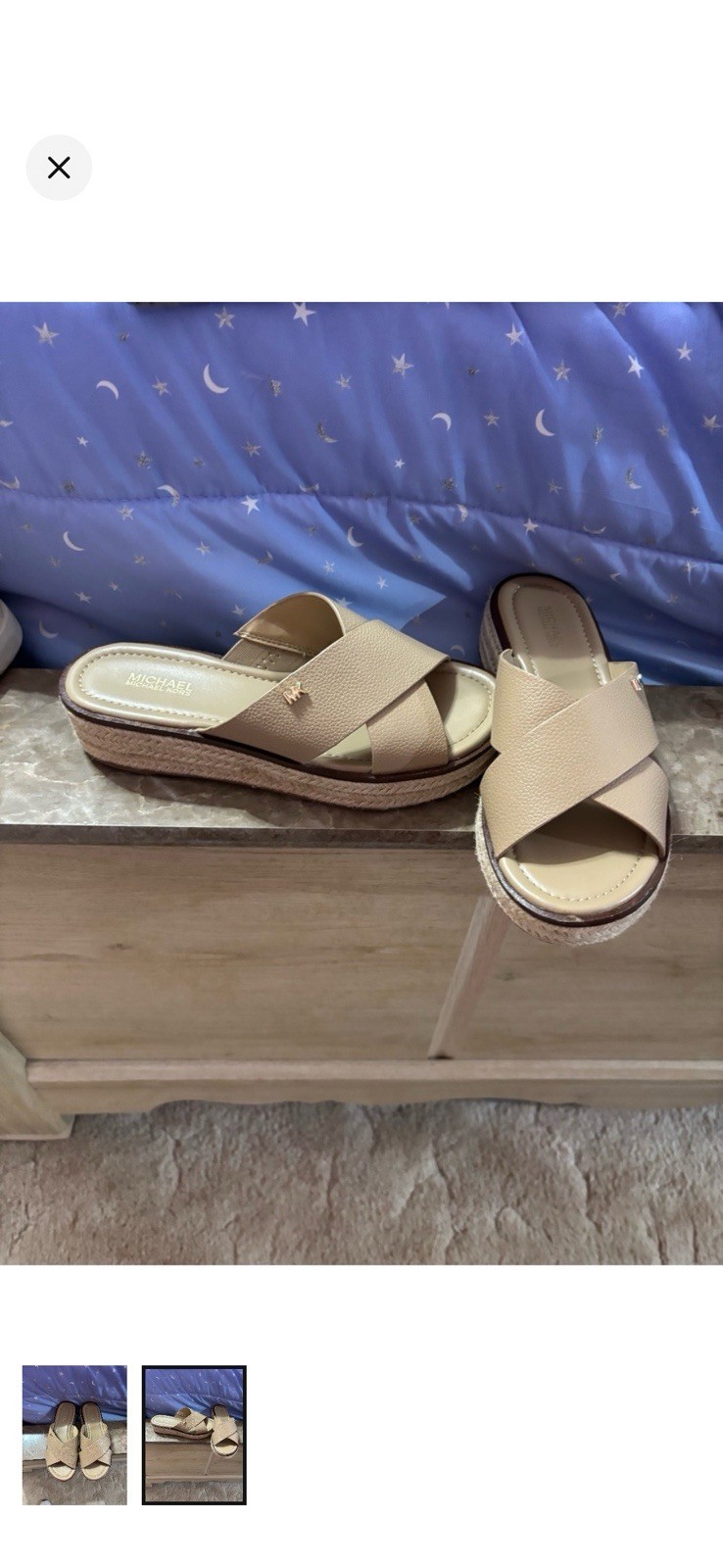 Michael Kors Beige Slip-On Slide Sandals Logo Strap Wedge Casual Womens 6
