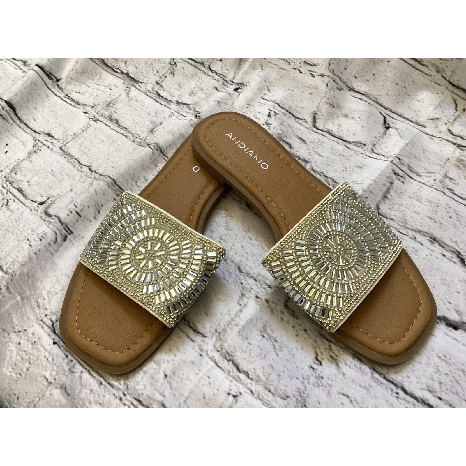 Andiamo Womens Rhinestone Crystal Sunburst Slide Sandals Tan Square Toe Size 7M