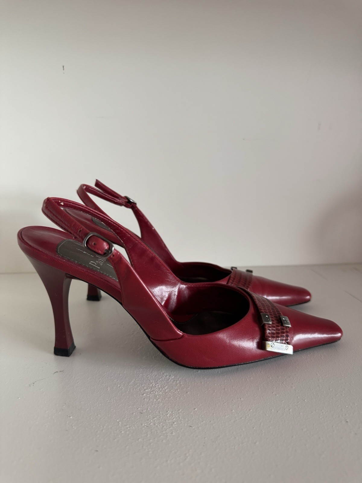 Paolo Red Leather Slingback Square Toe Stiletto Heel Buckle Adjustable Strap 5