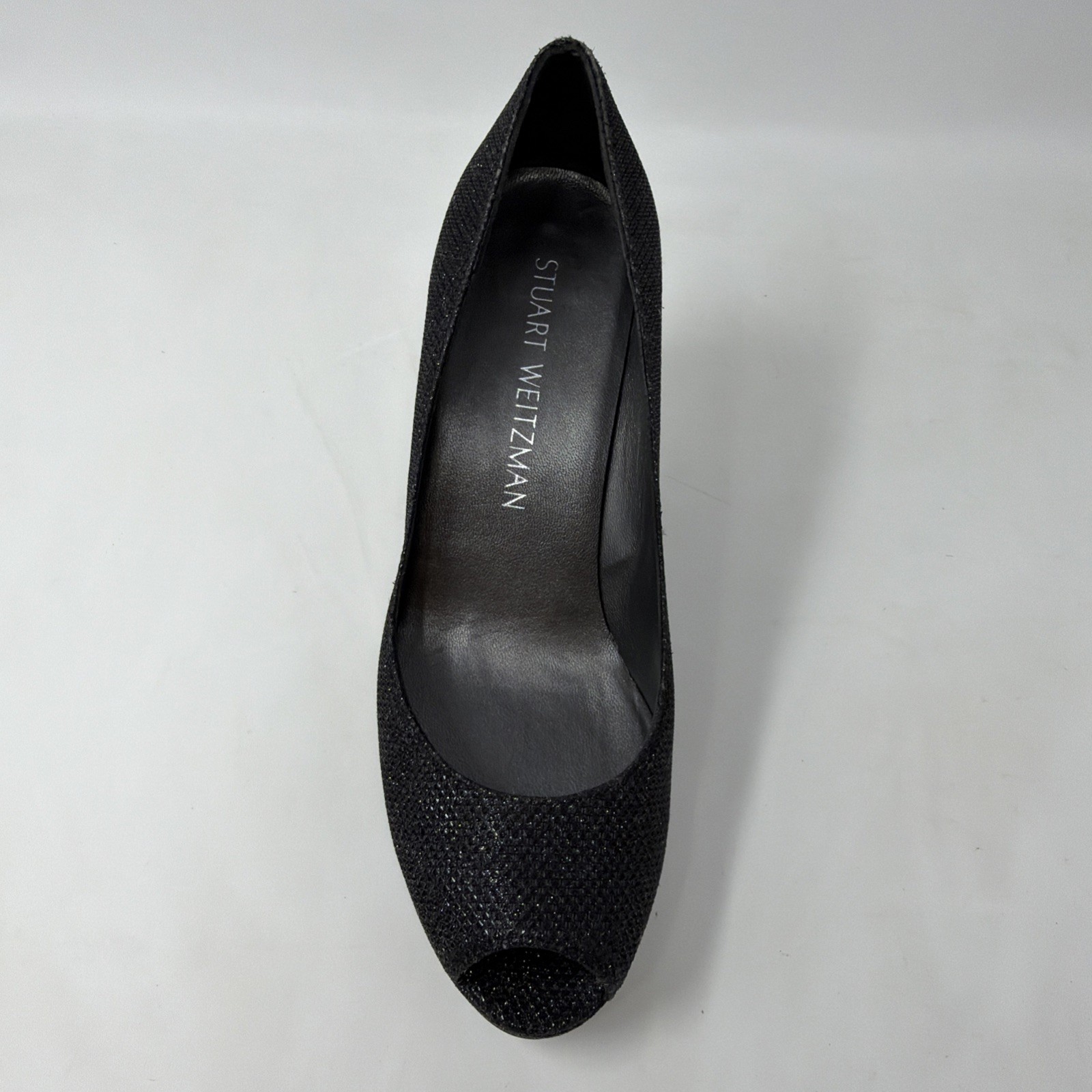 Stuart Weitzman Black Textured Open Peep Toe Heels Shoes 6 Wide W Leather Sole