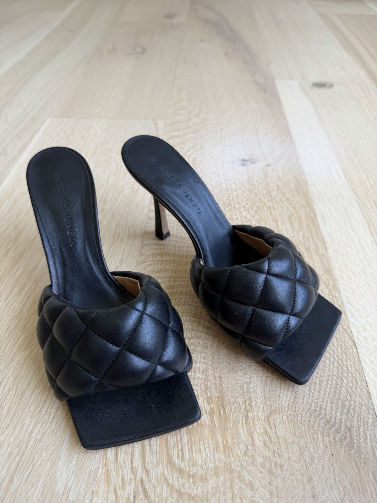 Bottega Veneta Women’s Black Quilted Square Toe Matelass Mule Heels 6/36
