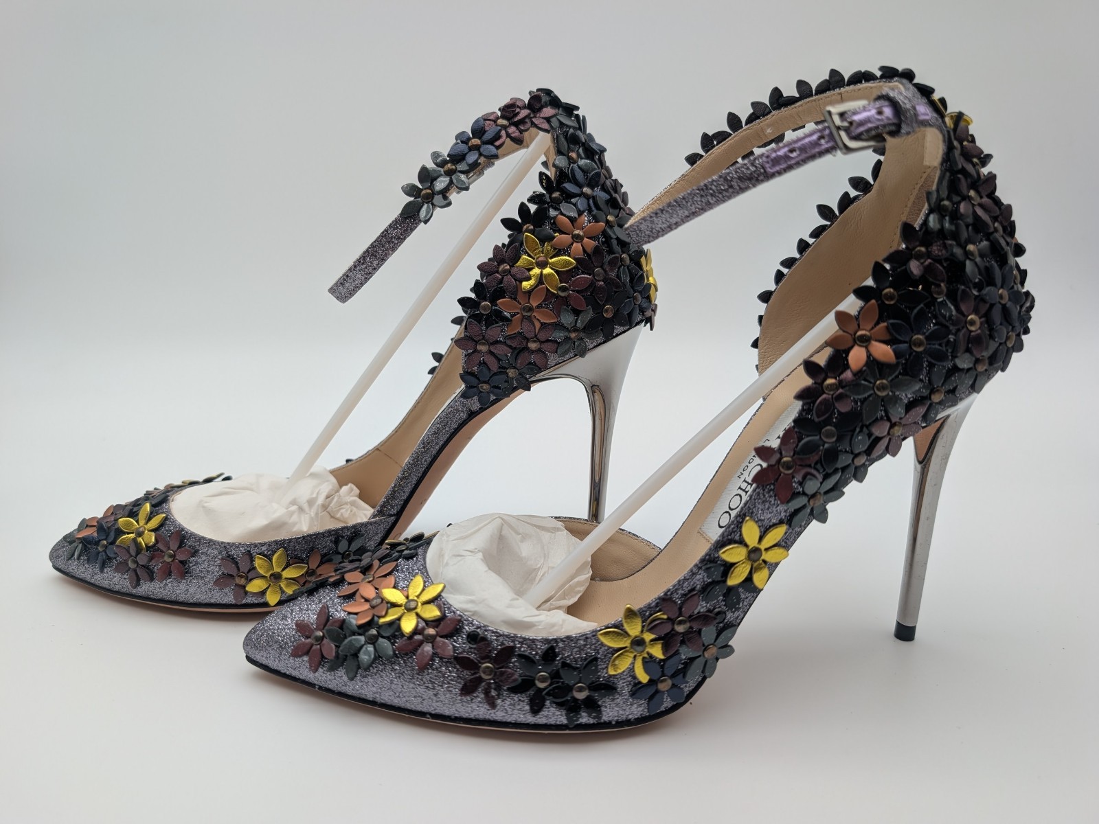 Wms Jimmy Choo Lorelai 100 FGW 155 Fine Glitter Leather Heels US 7.5 / EU 37.5
