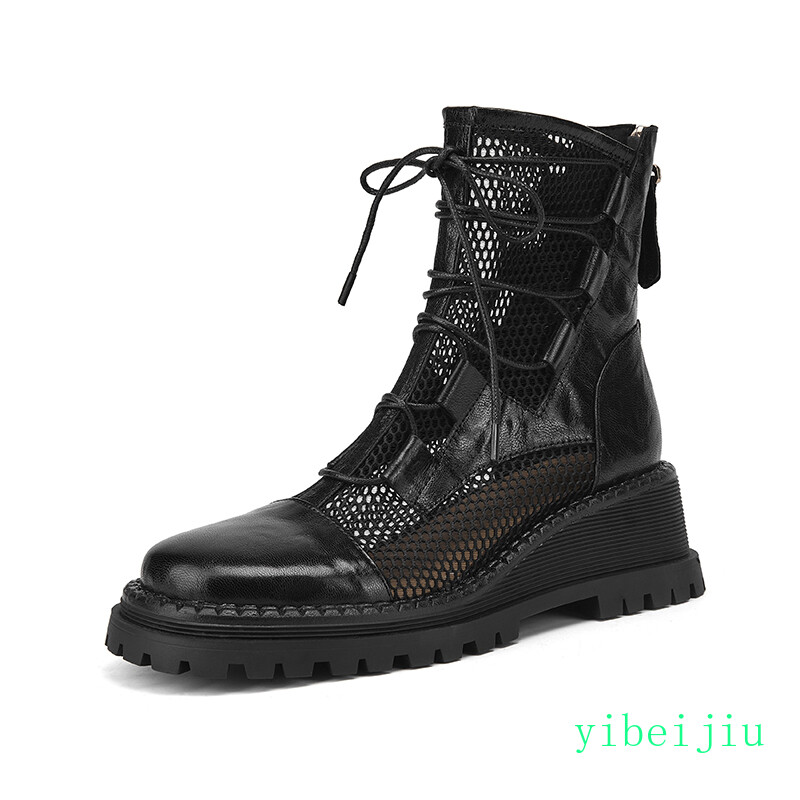 Women Mesh Fishnet Real Leather Shoes Platform Ankle Boots College Spring Summer