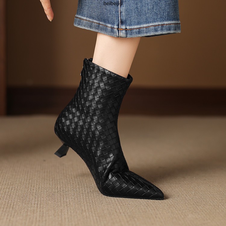 Women’s Weave Real Leather Ankle Boots Low Kitten Heel Dress Fashion Shoes Plus