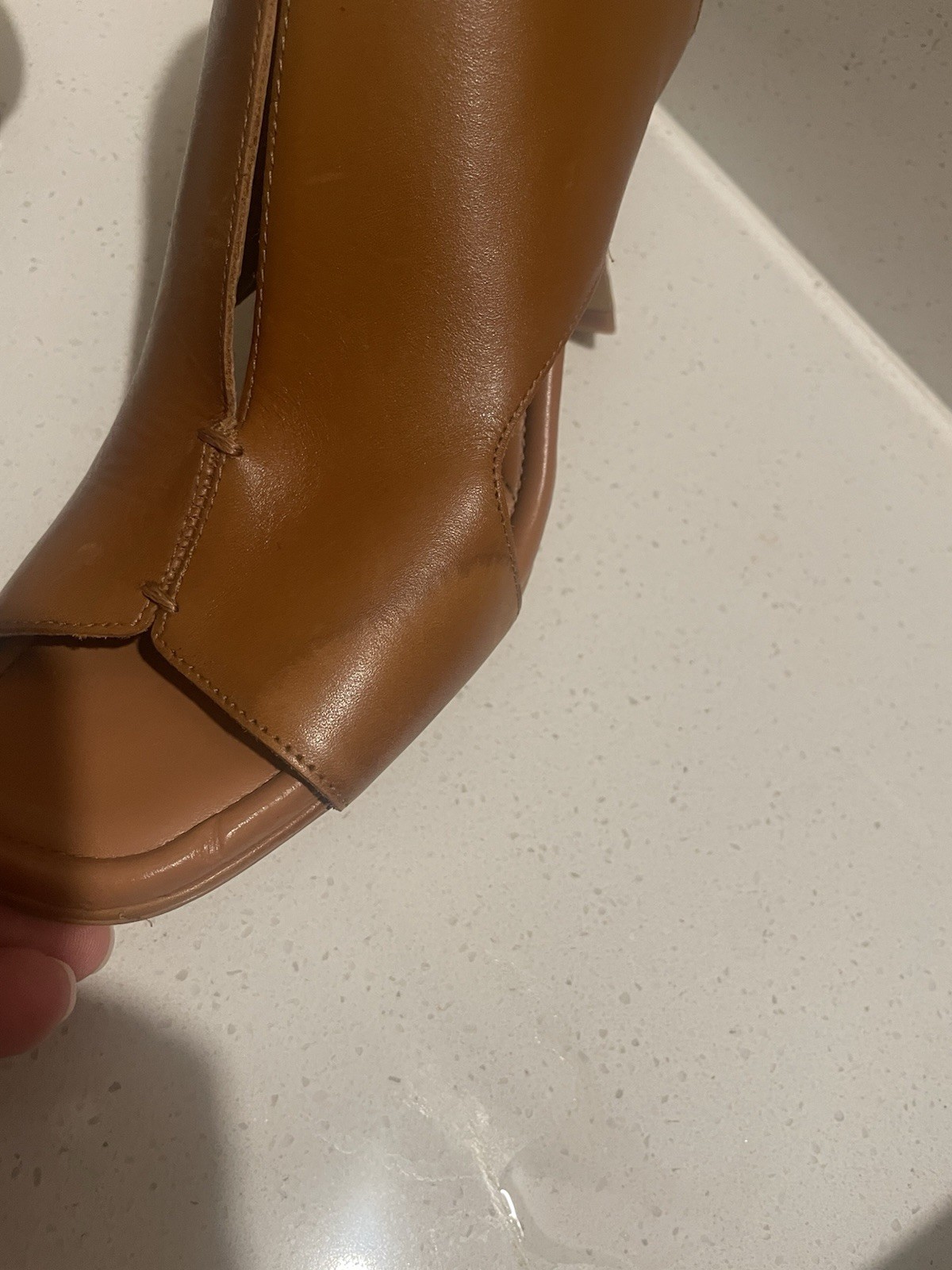 Vince Camuto Brown Leather Open Toe Square Toe Cone Heel Booties Zip Accent