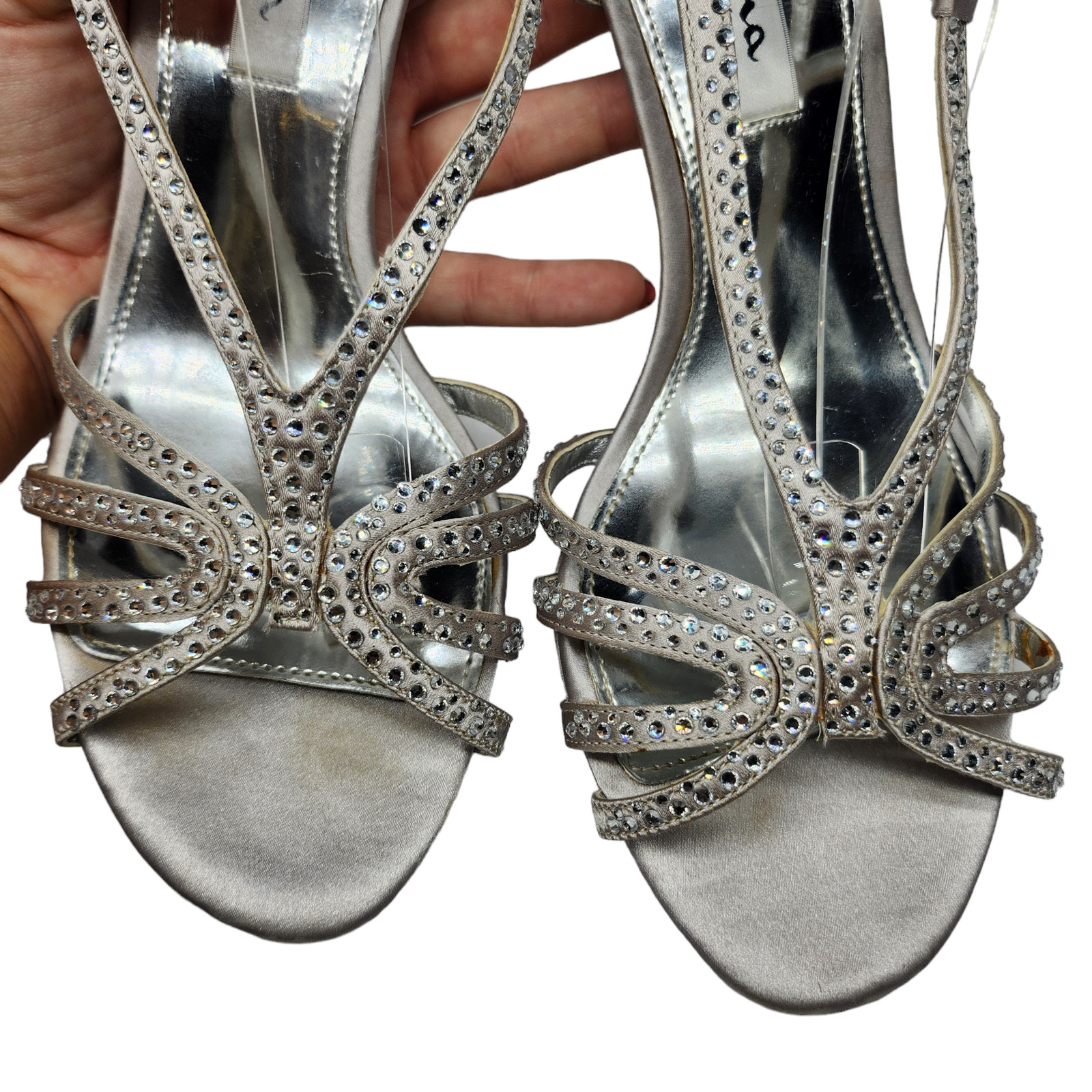 Silver Rhinestone Heels Womens 8.5 Nina Sparkly Strappy Evening Prom Dressy
