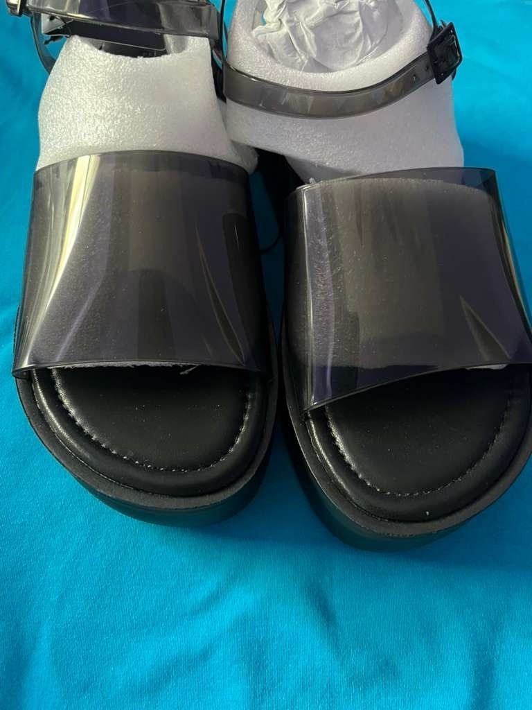Forever 21 Women’s Black Transparent Strap Flat Sandals Buckle Adjustable