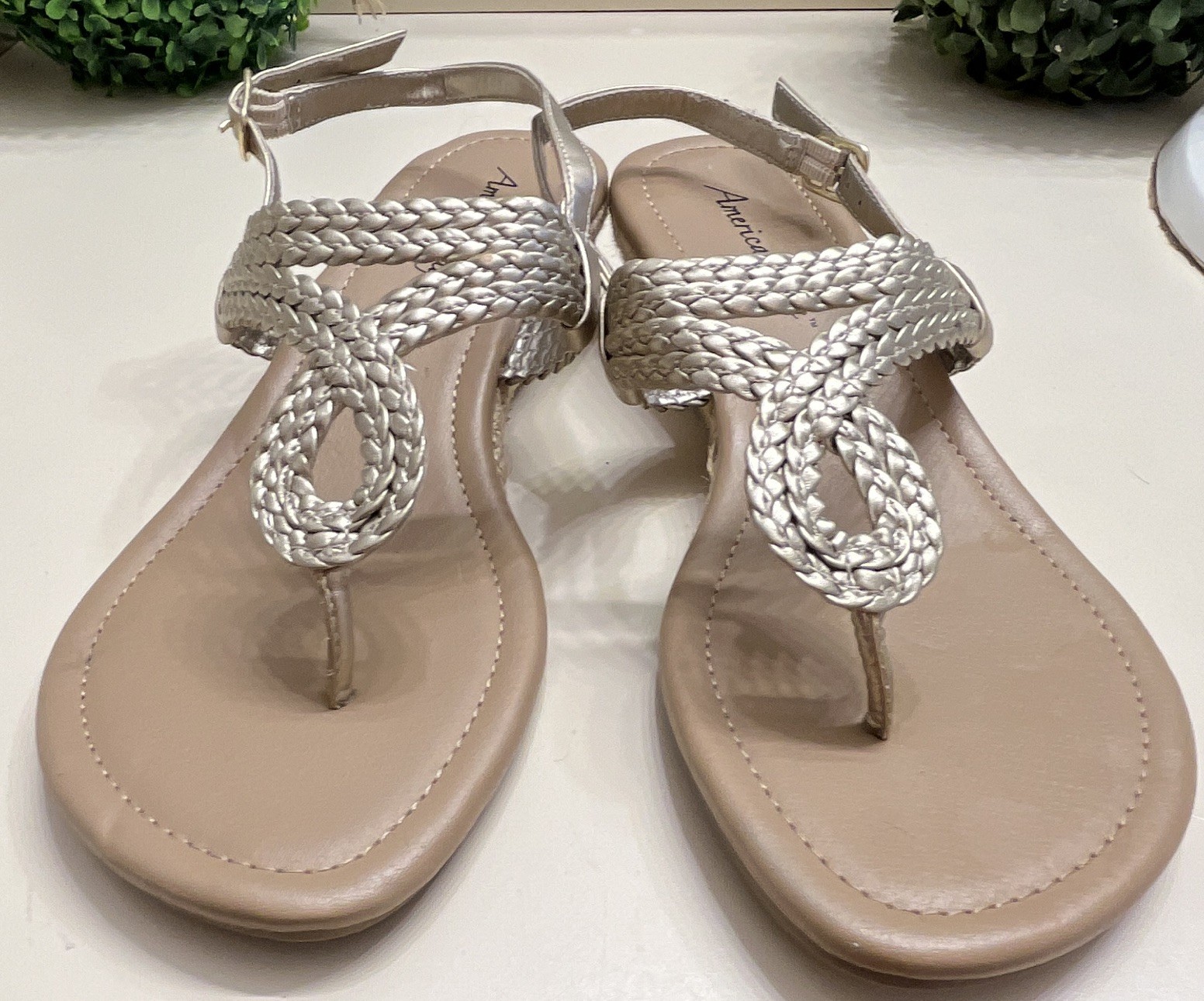 American Eagle Women’s Braided Thong Wedge Sandals Ankle Strap Beige/Silver 8.5