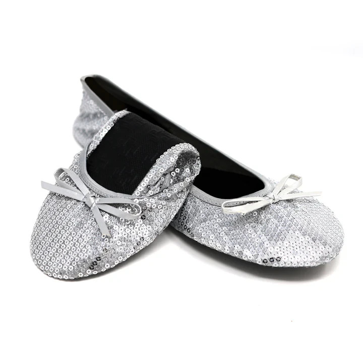 SILKY TOES 3 Pairs Folding Flats Shoes Slippers in Pouch Sz XL/9 Blk Gold Silver
