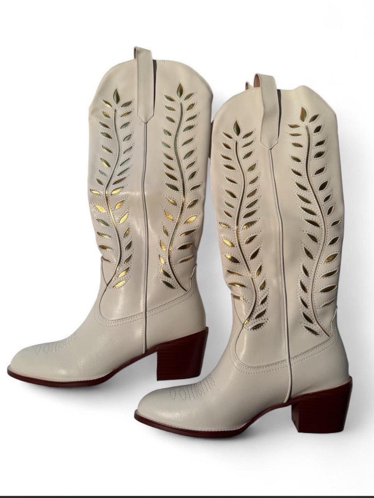 Women’s White Cutout Western Cowboy Boots Mid Calf Block Heel Pull On Size 38